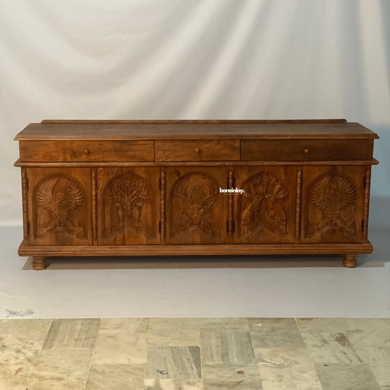 Hand Carved Wooden Menagerie Media Console Table - TV Stand with Storage Shelves for Living Room, Bedroom & Home Theater Setup