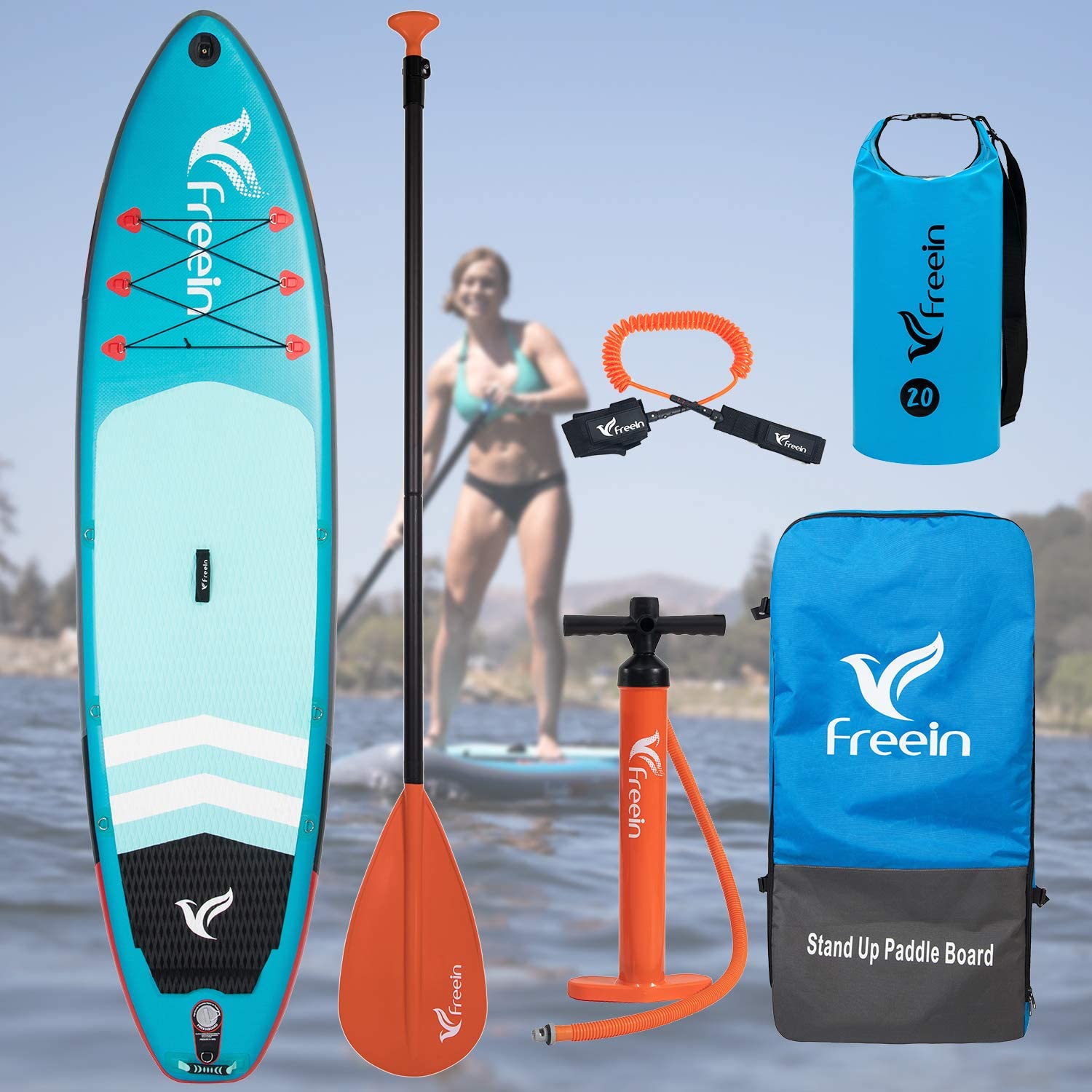 Freein 11' Explorer Inflatable Stand Up Paddle Board with Dual Action Pump & Camera Mount - Light Blue SUP Package for Lakes, Rivers & Ocean Paddling