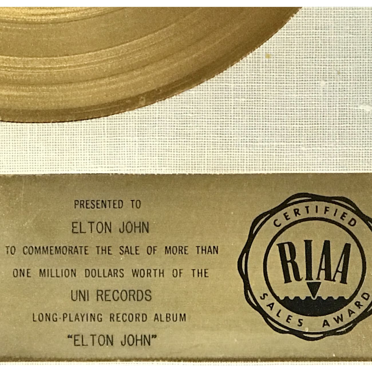 Elton John 1970 Debut Album White Matte RIAA Gold LP Award - Rare Collectible Vinyl Record for Music Enthusiasts & Home Decor