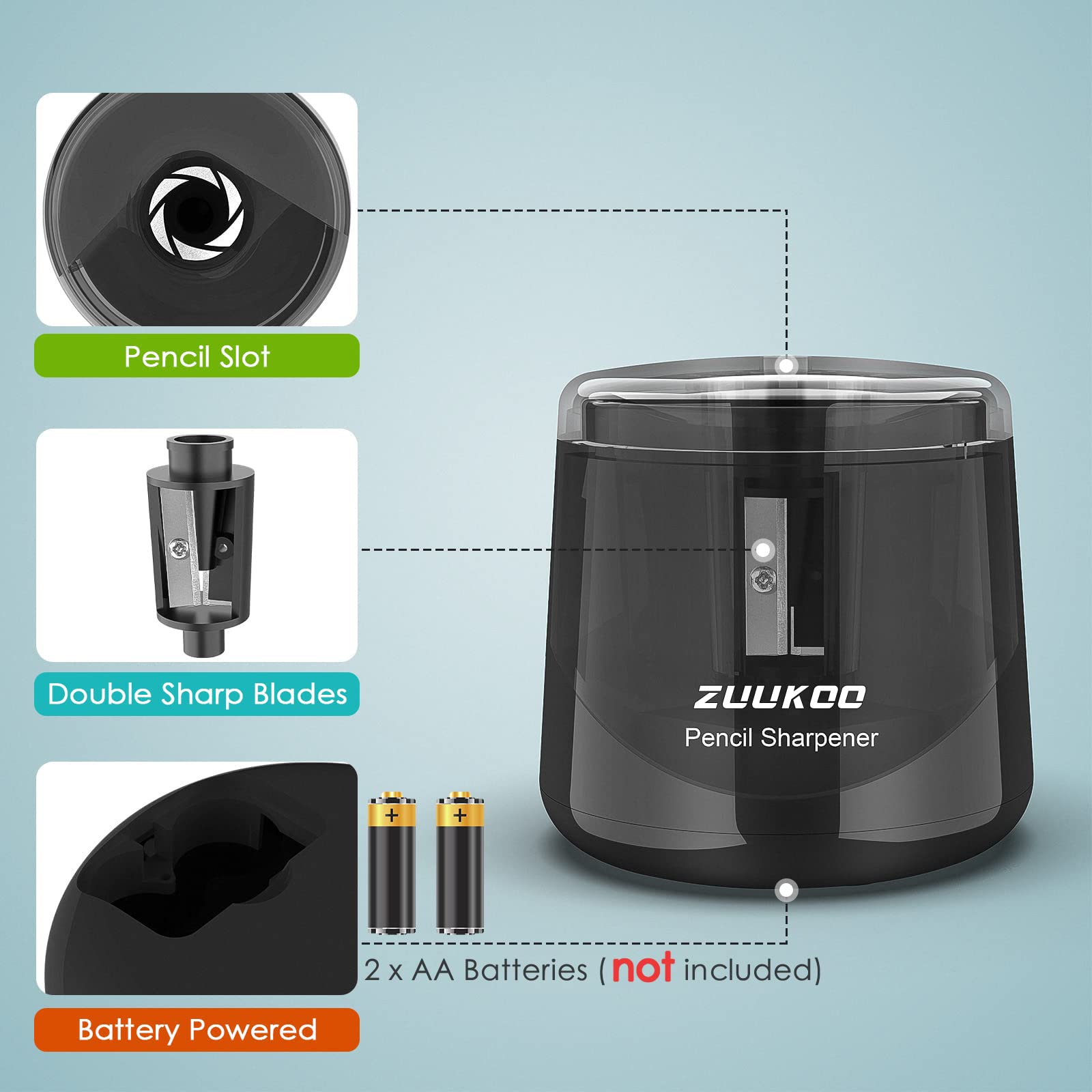 Zuukoo Electric Pencil Sharpener - Battery Powered for Kids & Artists - Home & School Use