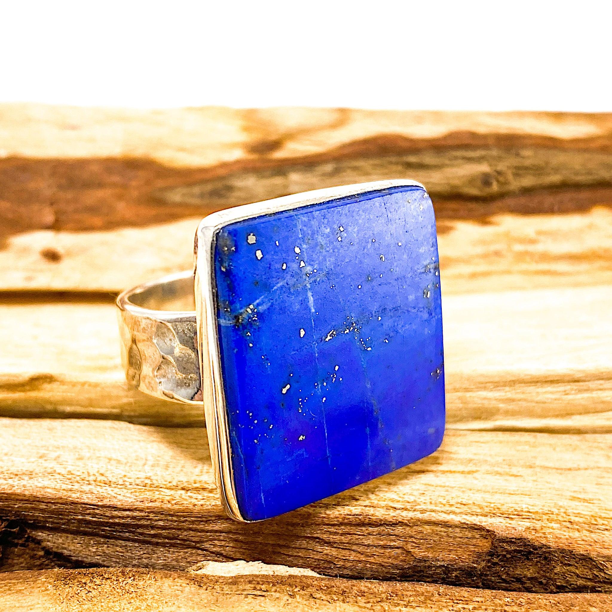 Natural Lapis Lazuli Square Cabochon Ring - Handmade Hammered Silver Band Size 11 - Chilean Gemstone Jewelry for Women | Perfect for Boho Fashion, Gift Giving & Special Occasions