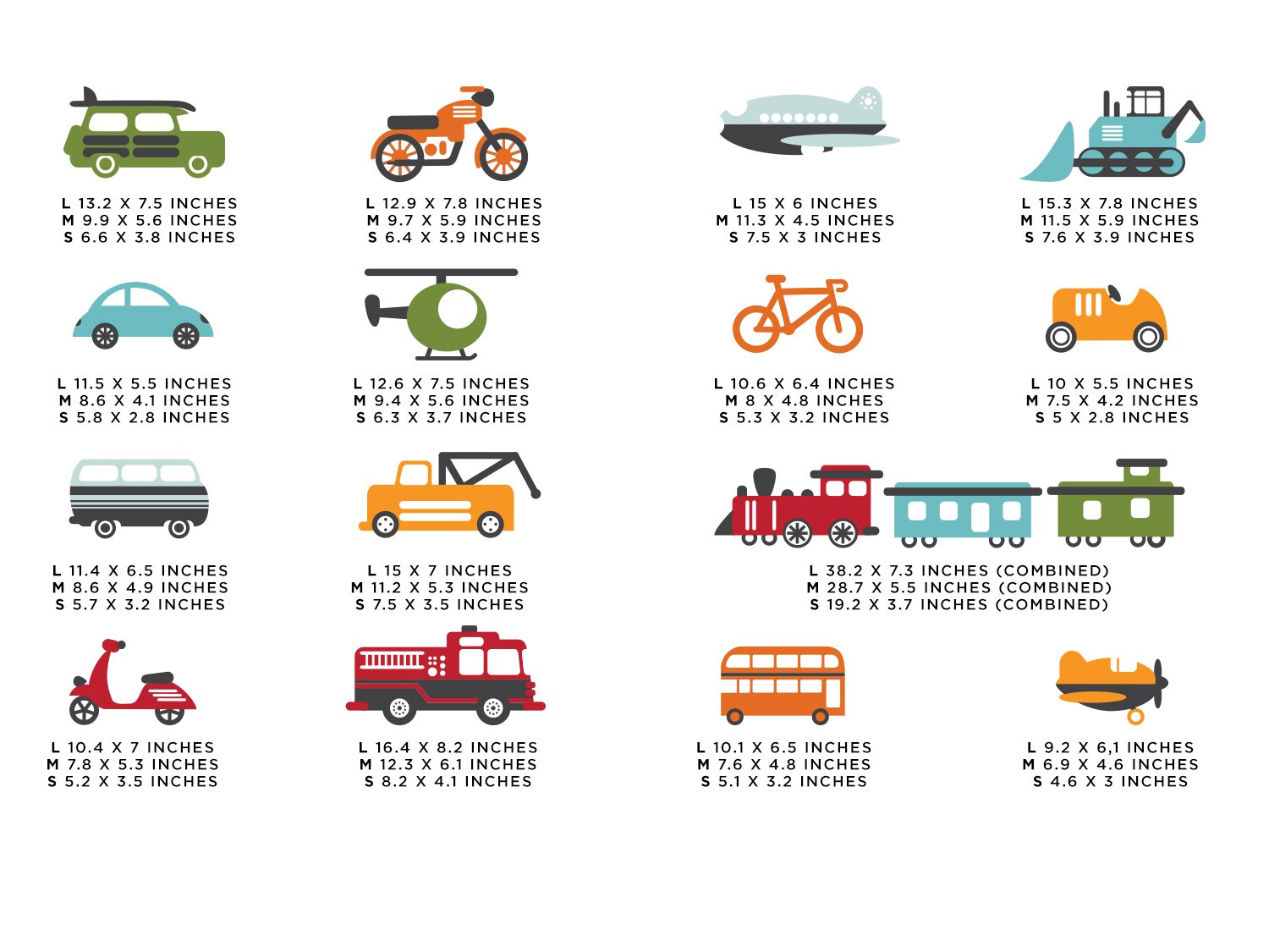 Transportation Fabric Wall Decals Complete Set - Trains, Planes, Cars, Bikes & Tractors - Medium Size Wall Stickers for Kids Room, Nursery & Playroom Decor