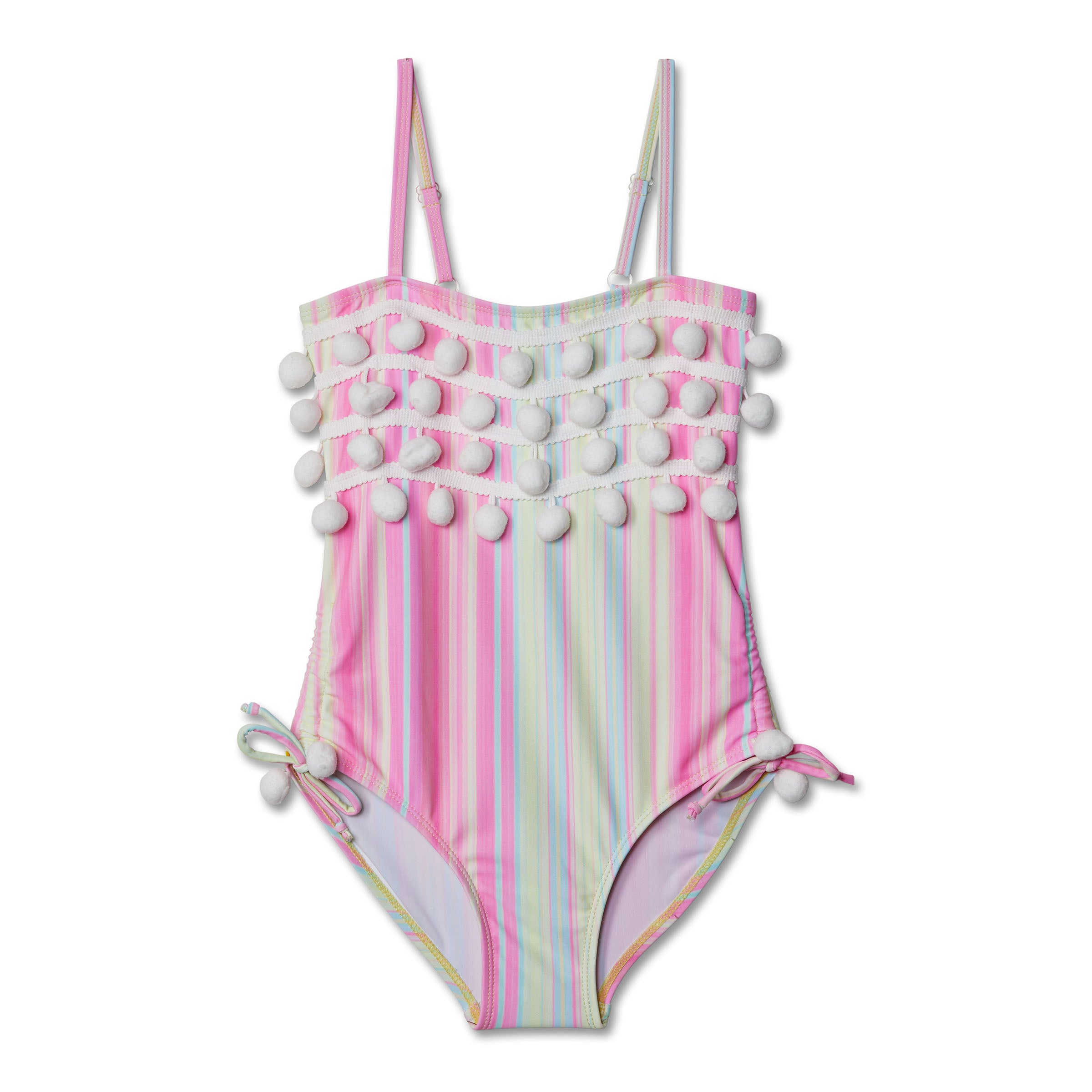 Stylish Striped Swimsuit with Fun Pom Poms - Perfect for Beach Vacations, Pool Parties & Summer Getaways