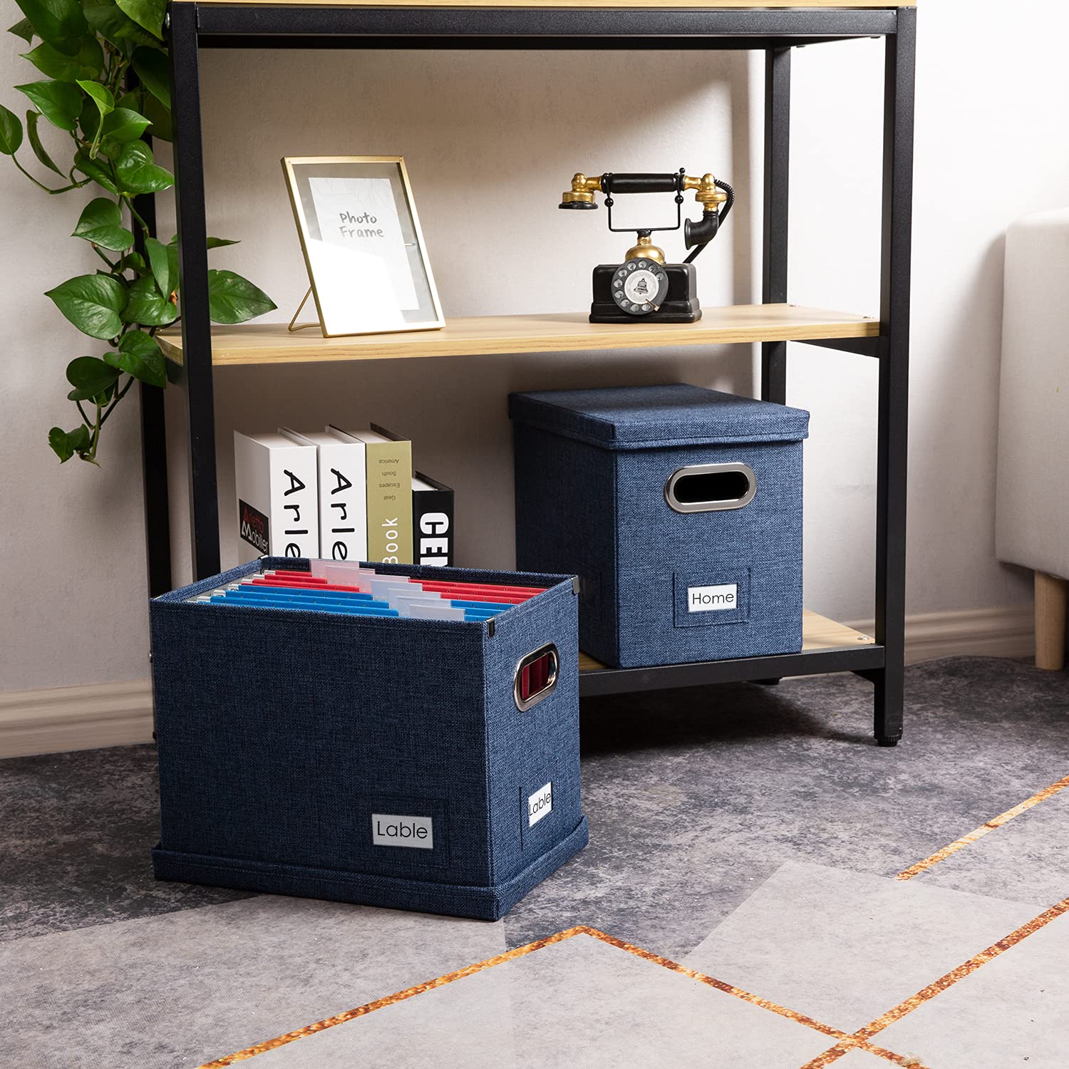 PRANDOM File Organizer Box Set of 4 - Collapsible Linen Storage Bins with Lids for Office, Home & School - Navy Blue Hanging File Folders (14x9.3x10.8 inches) - Perfect for Desk Organization, Document Storage & Cabinet Filing Systems