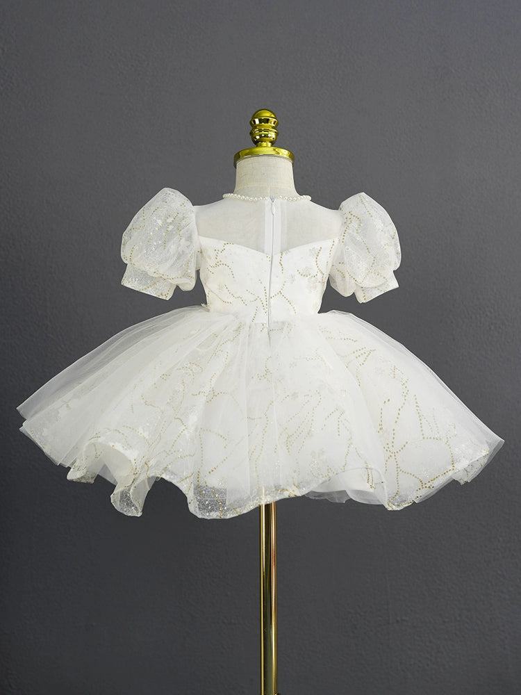 White Princess Sweetheart Tea-Length Tulle Flower Girl Dress for Weddings, First Communion & Special Occasions