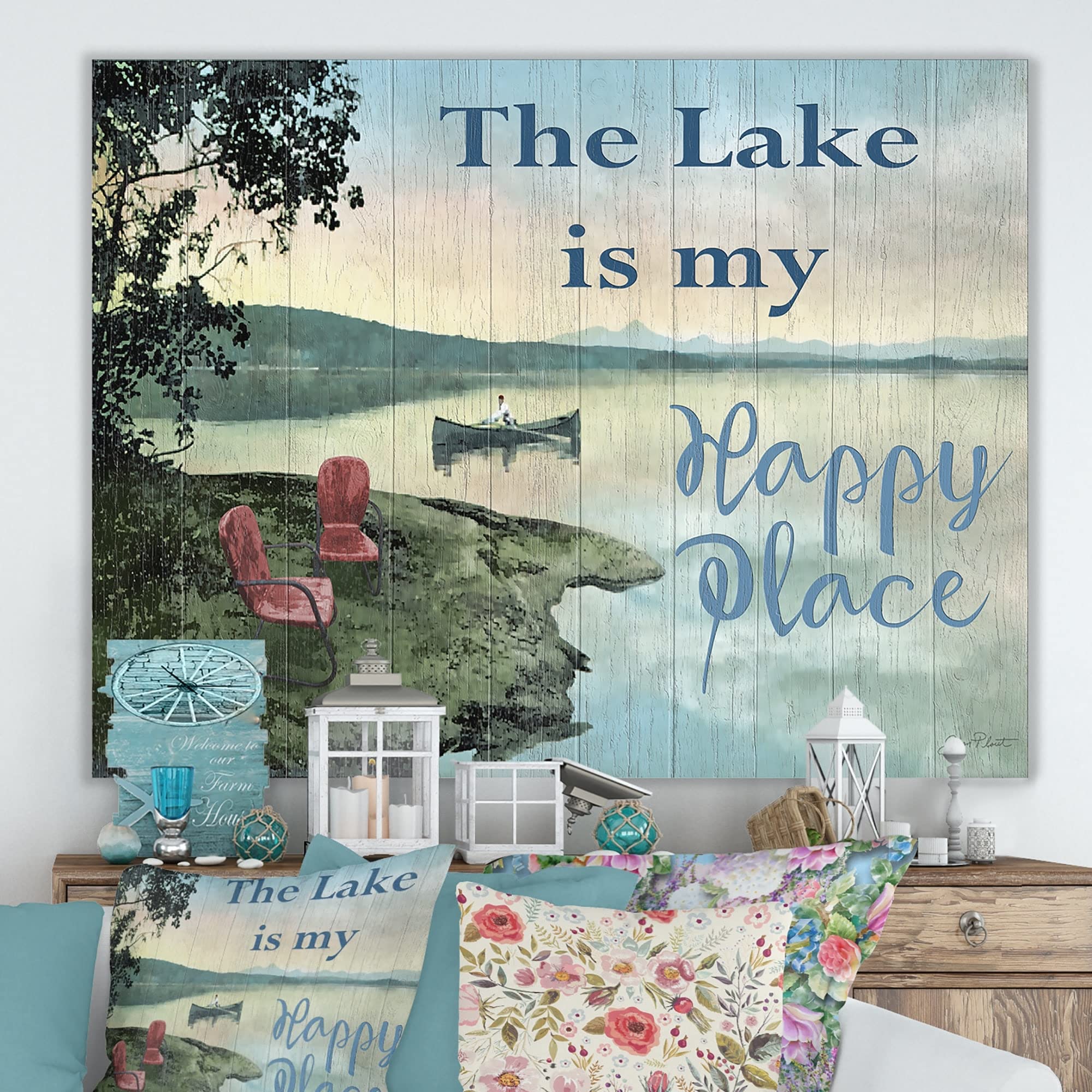 Designart 'The Lake is My Happy Place' Lake House Canvas Wall Art - 46x36 Inches - Nature Inspired Home Decor for Living Room, Bedroom & Office