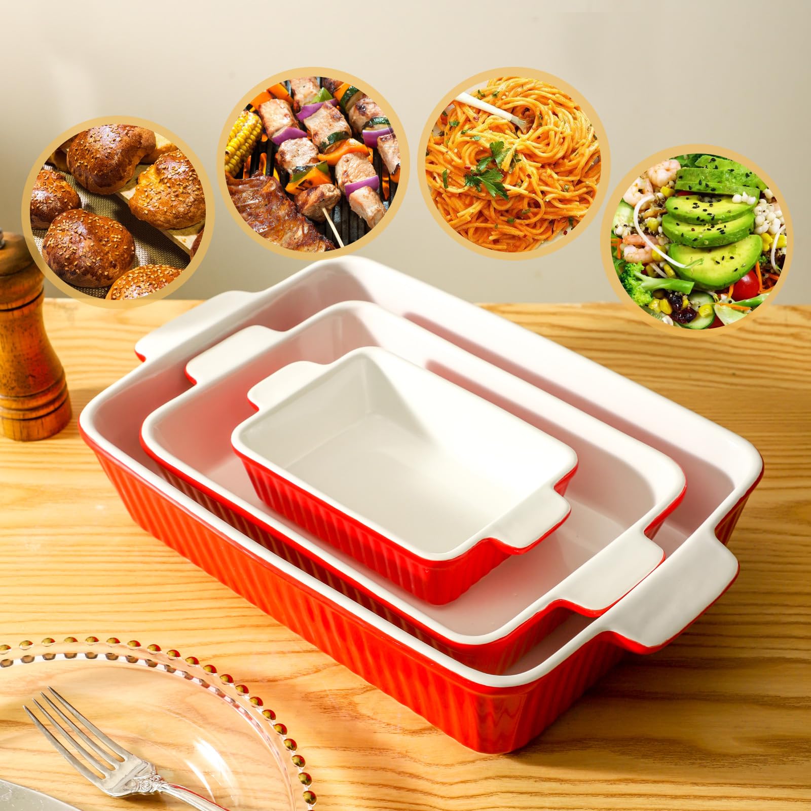 Hasense 3-Piece Ceramic Casserole Dish Set for Oven - Rectangular Baking Pans with Handles (15
