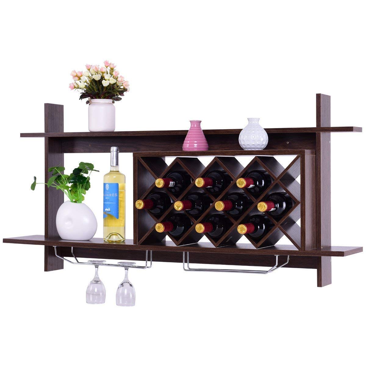 Giantex Wall Mounted Wine Rack Organizer - Modern Diamond-Shaped Wood Wine Storage Shelf with Metal Glass Holder for 10 Bottles (Black Walnut) | Space-Saving Wine Display for Kitchen, Dining Room & Bar Decor