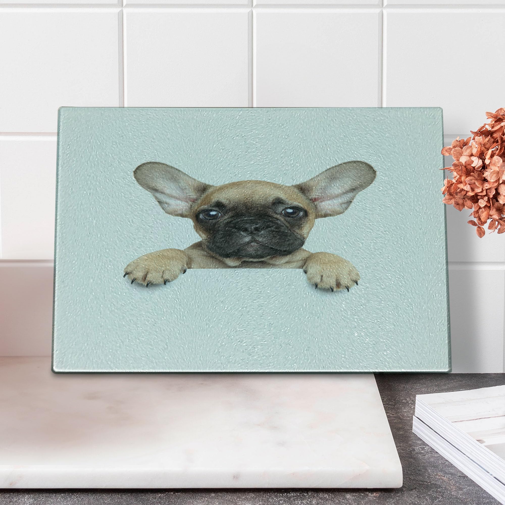 Ambesonne Bulldog Cutting Board - Pedigree Puppy Close-Up Photo Print, Tempered Glass Serving Board for Pet Lovers - Small Size (Sand Brown/White) - Perfect for Kitchen Decor, Cheese Platters & Pet-Themed Parties
