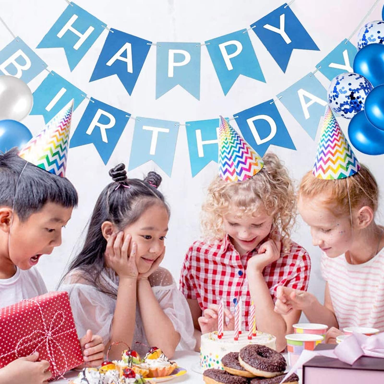 Happy Birthday Banner - Black Gold Silver Party Decorations, 12 Inch Bunting Banners & Balloons for Birthday Party Decor (Blue) | Perfect for Indoor/Outdoor Celebrations, Baby Showers & Anniversary Parties
