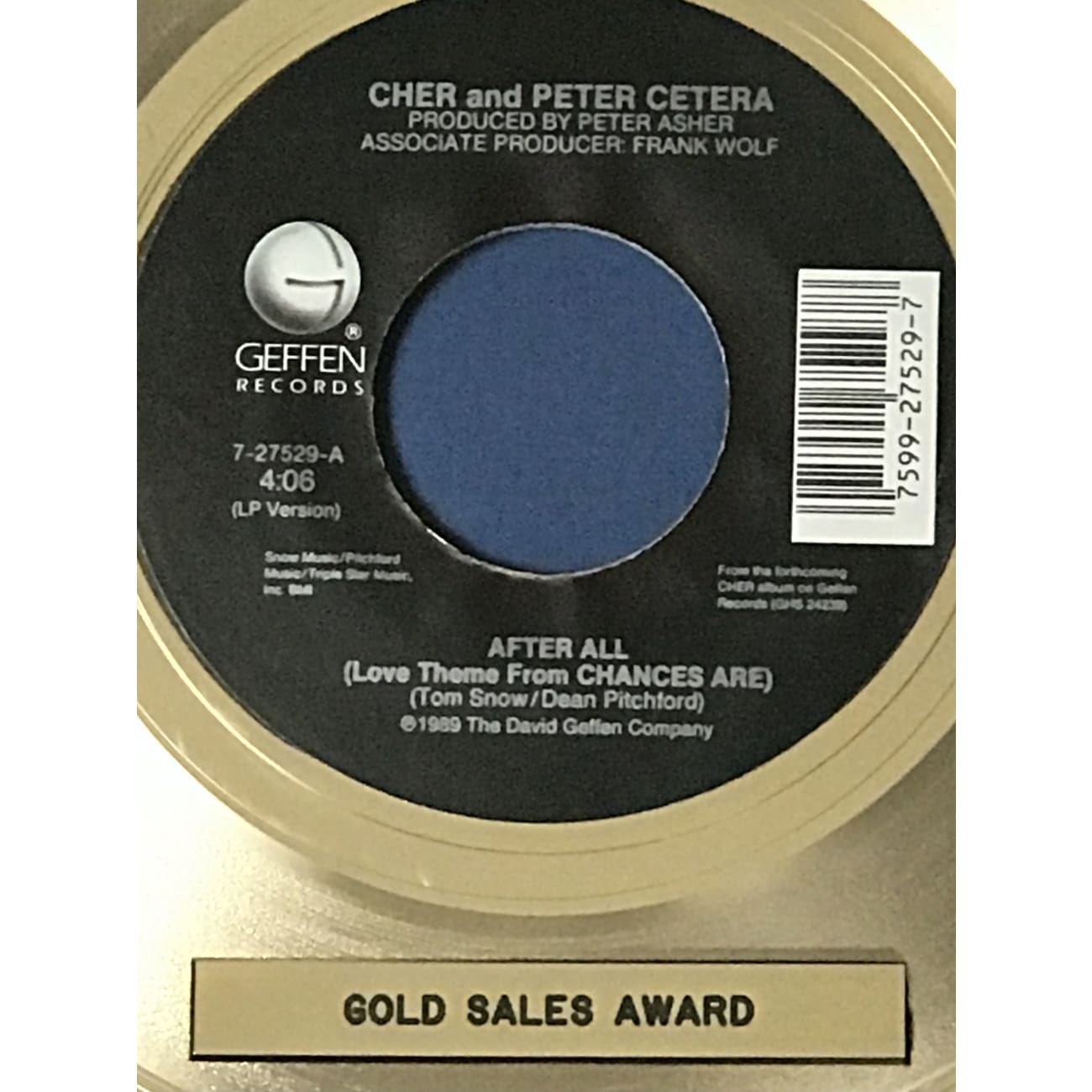 Cher & Peter Cetera 'After All' RIAA Gold Certified Single Award - Perfect for Music Collectors & 80s Nostalgia Fans