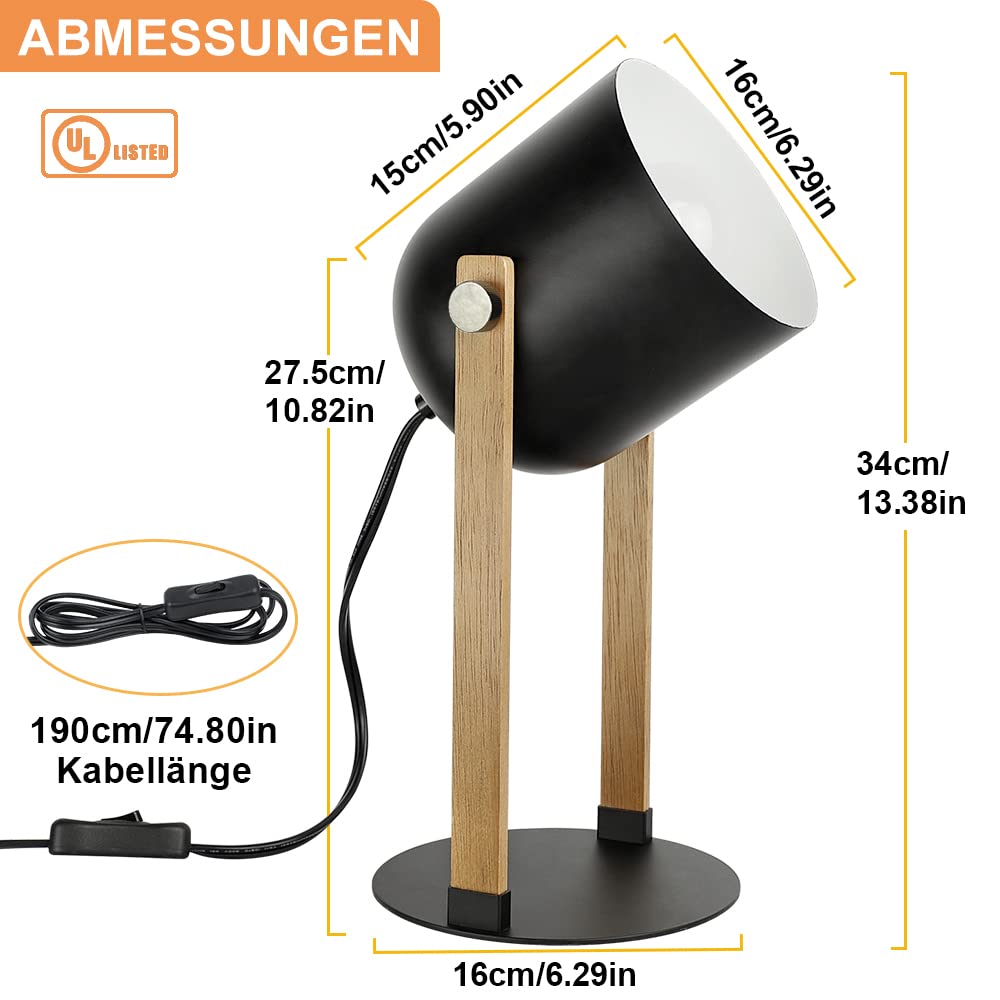 Depuley Modern Table Lamp - 360° Rotatable Retro Desk Lamp with Wood & Metal, Eye Protection LED Reading Lamp for Bedroom, Kids Room, Plant Care, Study & Office Use