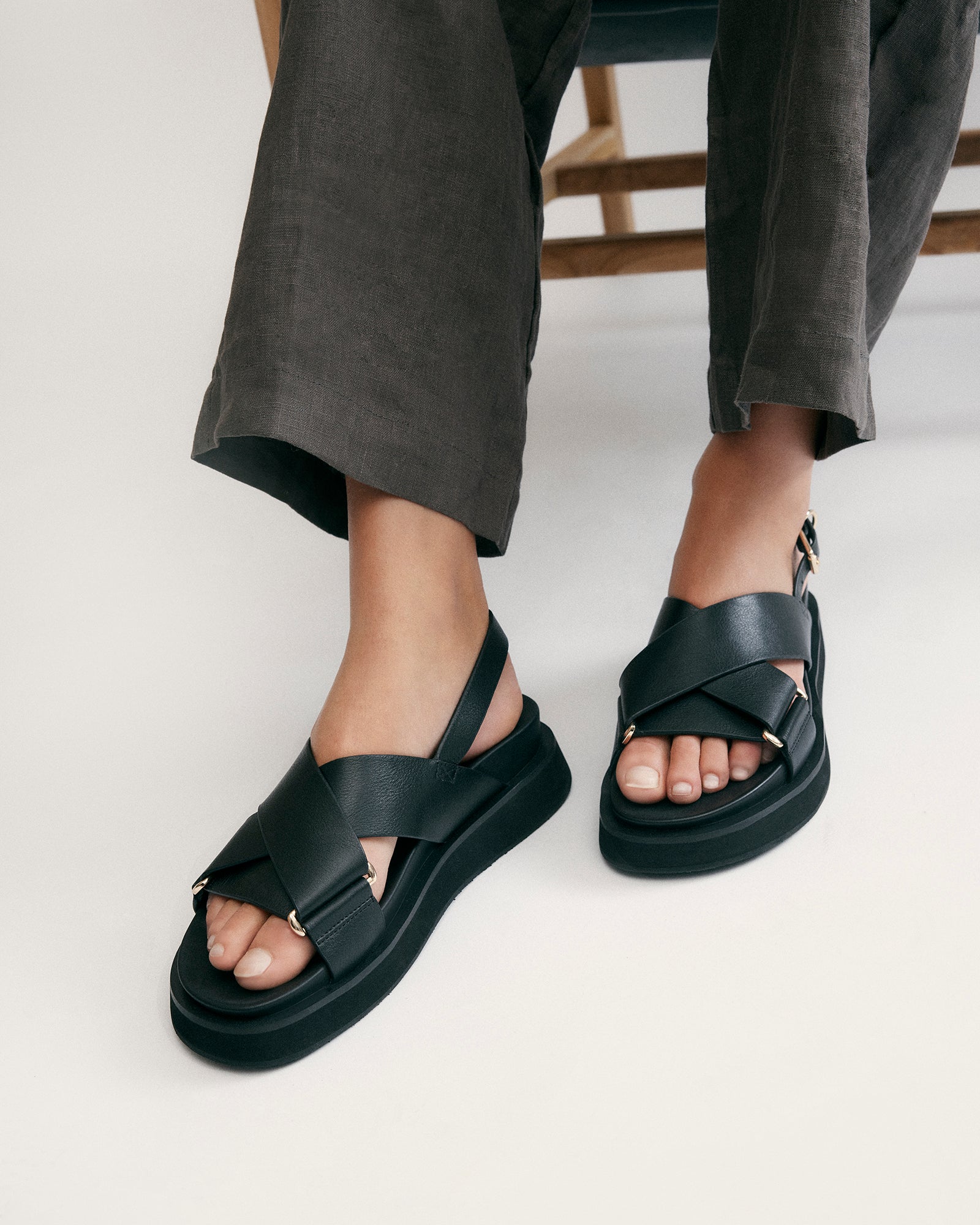 Marley Flat Sandals for Women - Black Leather Comfortable Slip-On Sandals for Beach, Vacation & Casual Wear