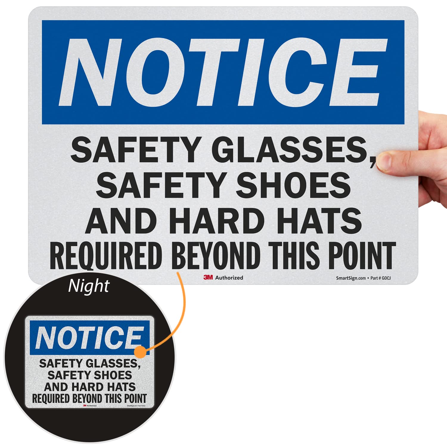 SmartSign 10 x 14 Inch OSHA Safety Sign - 'Notice: Safety Glasses, Shoes & Hard Hats Required Beyond This Point' - 5.5 Mil Laminated Vinyl with 3M Reflective Material - Blue/Black/White - Perfect for Construction Sites & Industrial Work Zones