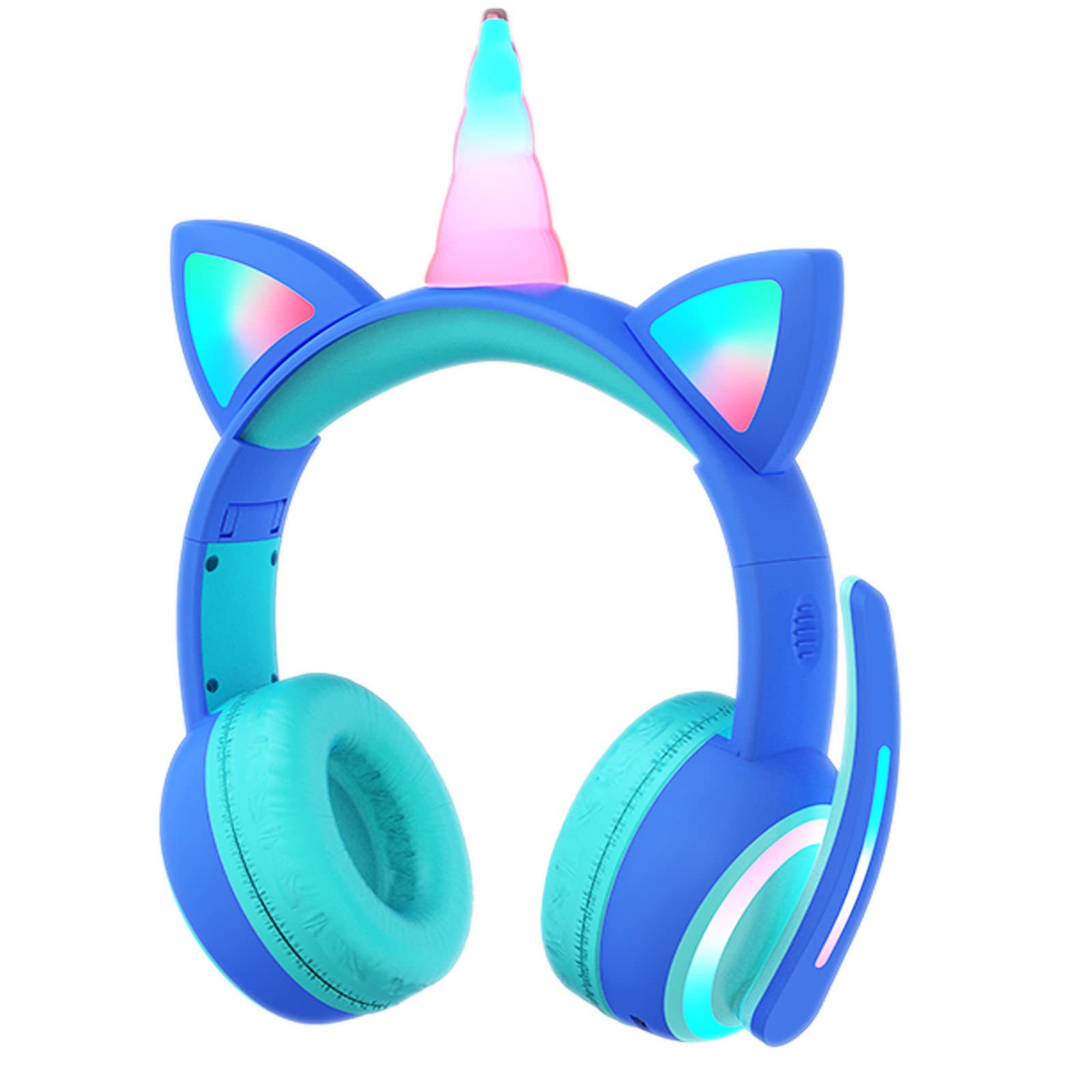 Fouetoway Unicorn Kids Headphones with Bluetooth & Wired Connection, LED Light Up Over-Ear Headset with Microphone for Boys Girls Teens - Compatible with Laptop PC TV Smartphones (Blue) - Perfect for Online Learning, Gaming, Travel & Home Entertainment