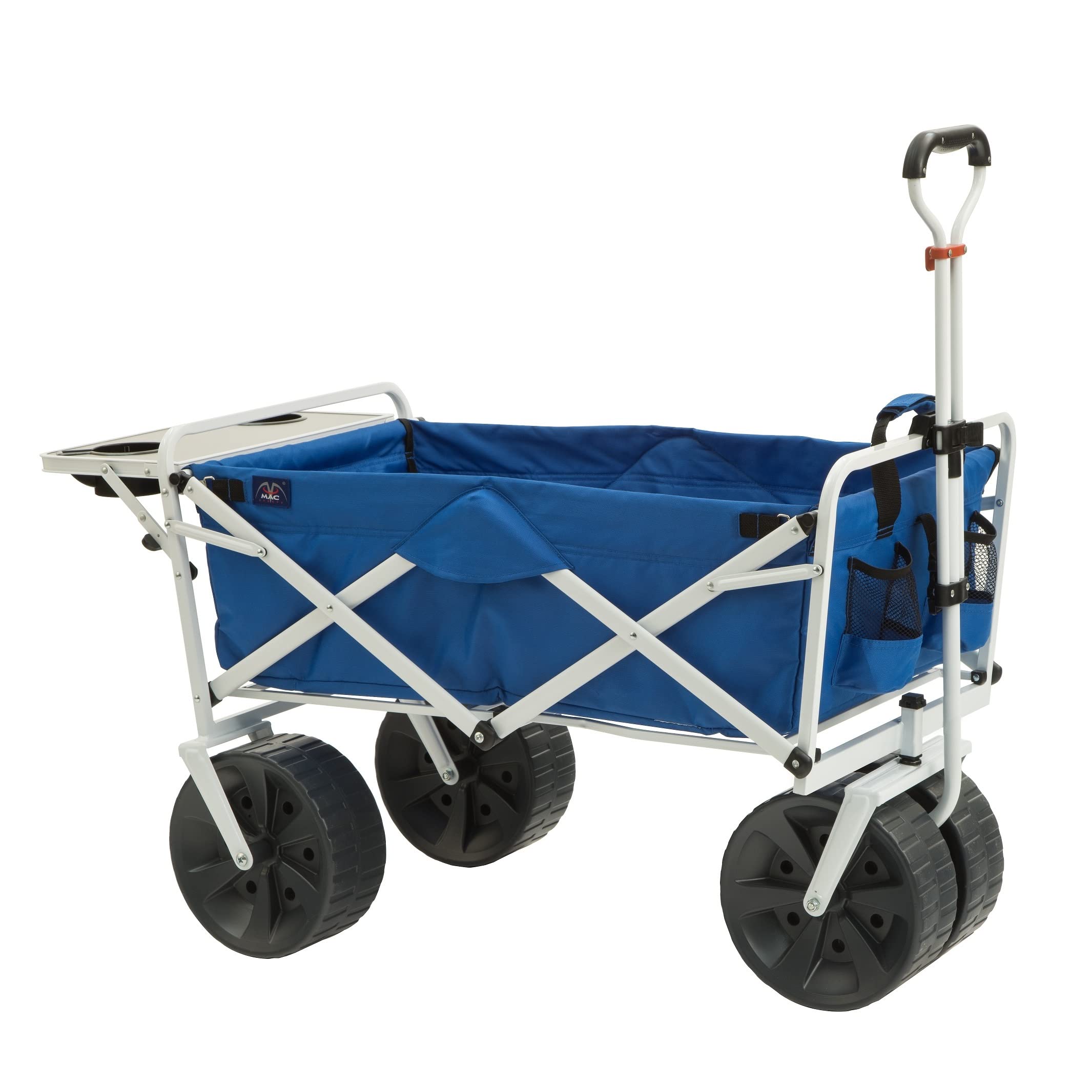 MacSports All Terrain Heavy Duty Folding Wagon Cart with Large Wheels & Side Table - Portable Collapsible Utility Cart for Beach, Picnic, Camping, Outdoor Adventures (Blue/White) | Perfect for Sand, Grass & Rough Terrains