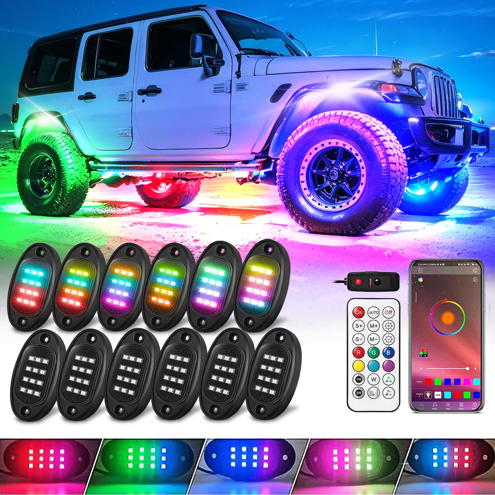 12 Pods RGB+IC LED Rock Lights for Trucks, Golf Carts, ATV, UTV, SUV - Smart Sync Music Chasing Underglow Lights with APP & RF Remote Control - Waterproof Multicolor Vehicle Underbody Lighting Kit for Off-Road, Car Shows & Night Driving