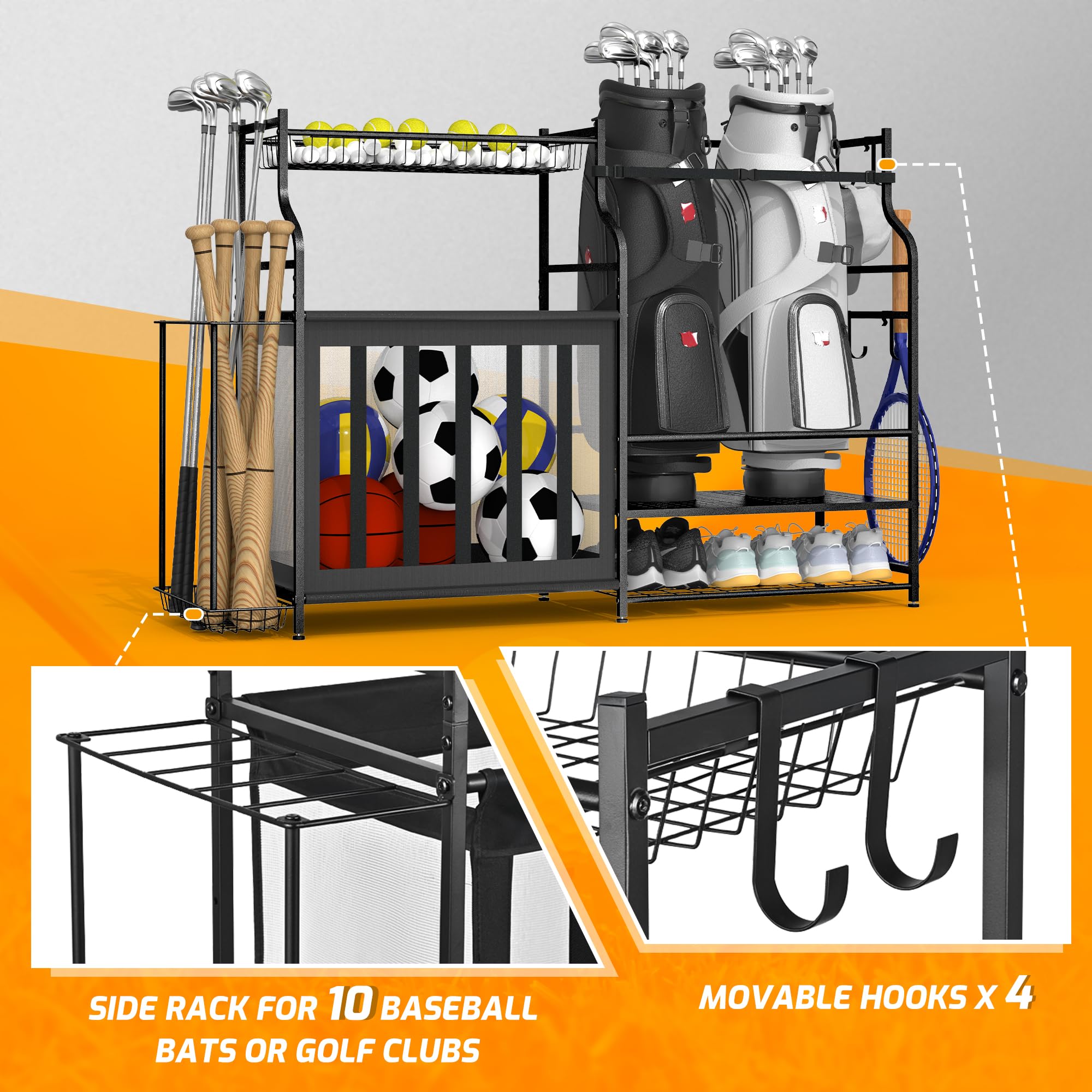 PLKOW Steel Ball Storage Rack - Heavy Duty Garage Sports Equipment Organizer for Basketball, Soccer, Football & Toys | Space Saving Wall Mount Solution for Garage, Basement & Playroom Organization (Black)