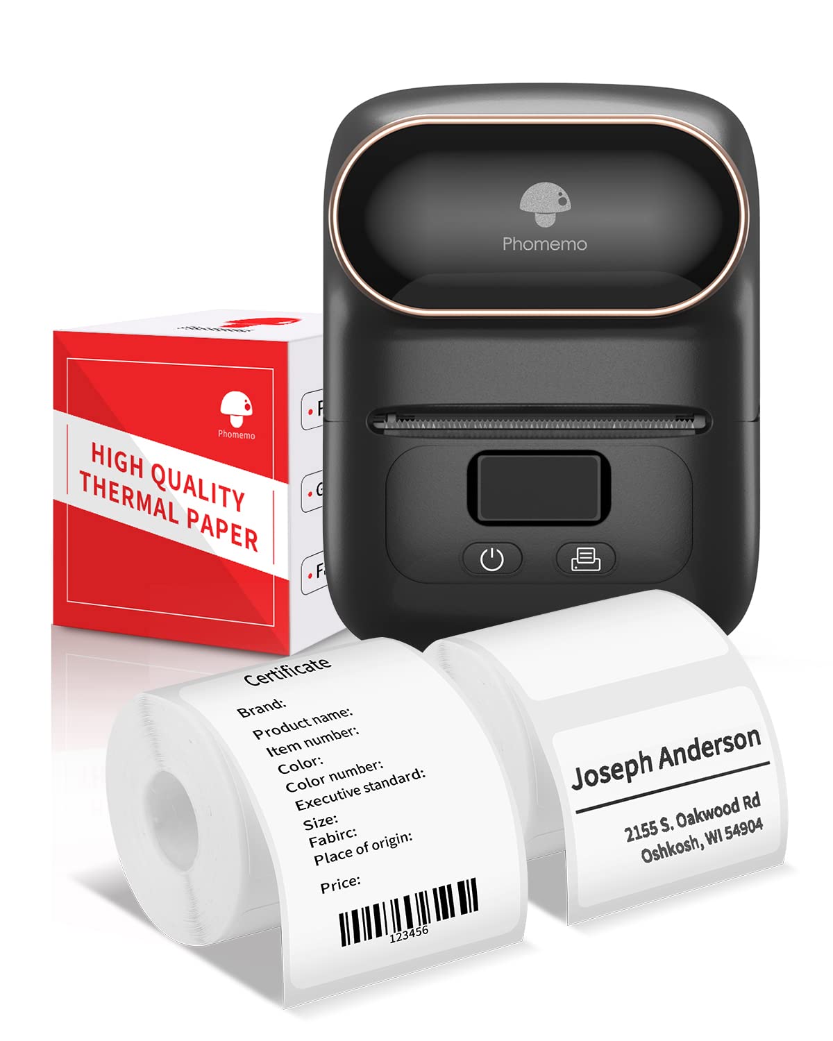 Phomemo M110 Bluetooth Barcode Label Printer - 50×80mm Thermal Label Maker for Retail, Shipping, Jewelry & Cable Tags | iOS & Android Compatible | Perfect for Small Business & Home Organization (Black)