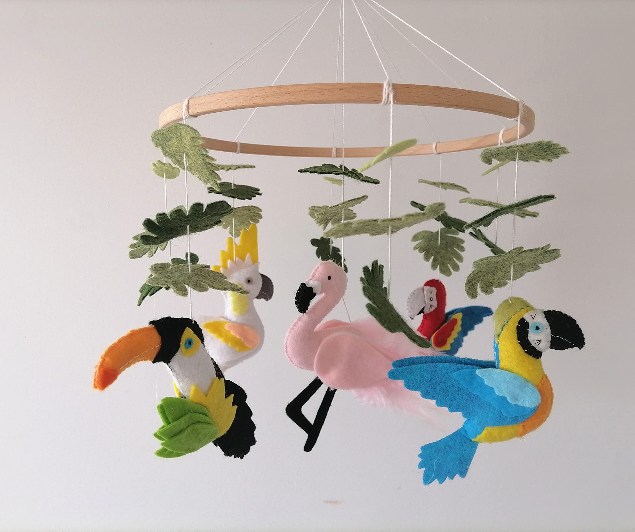 Colorful Handmade Felt Baby Mobile with Tropical Birds - Pink Flamingo, Macaw, Cockatoo & Toucan Nursery Decor | Perfect Neutral Nursery Mobile & Baby Shower Gift for Cribs, Playrooms & Newborn Rooms
