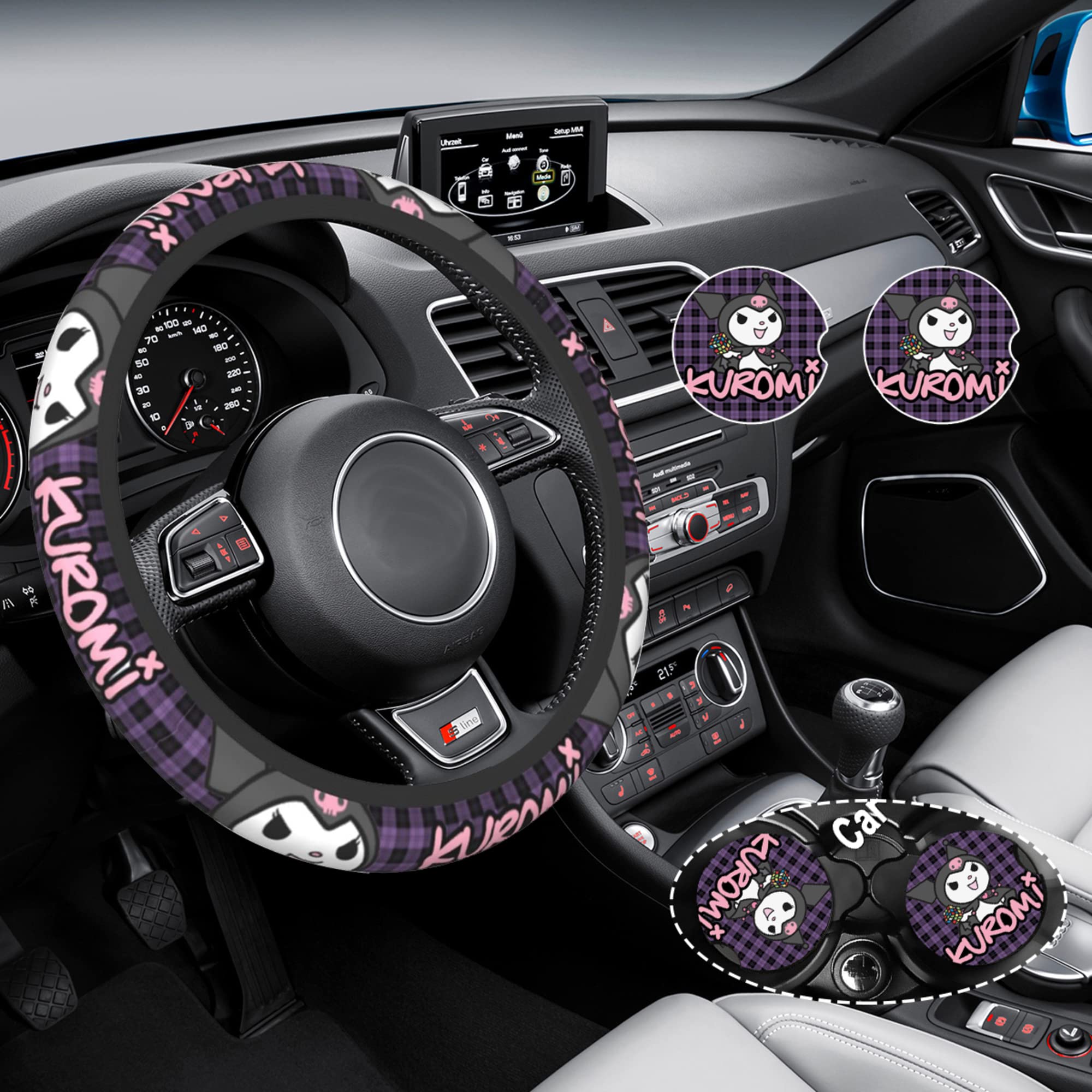 15 Inch Cute Cartoon Steering Wheel Cover with 2PCS Car Coasters - Kawaii Car Accessories for Women & Girls - Perfect for Daily Commute & Road Trips
