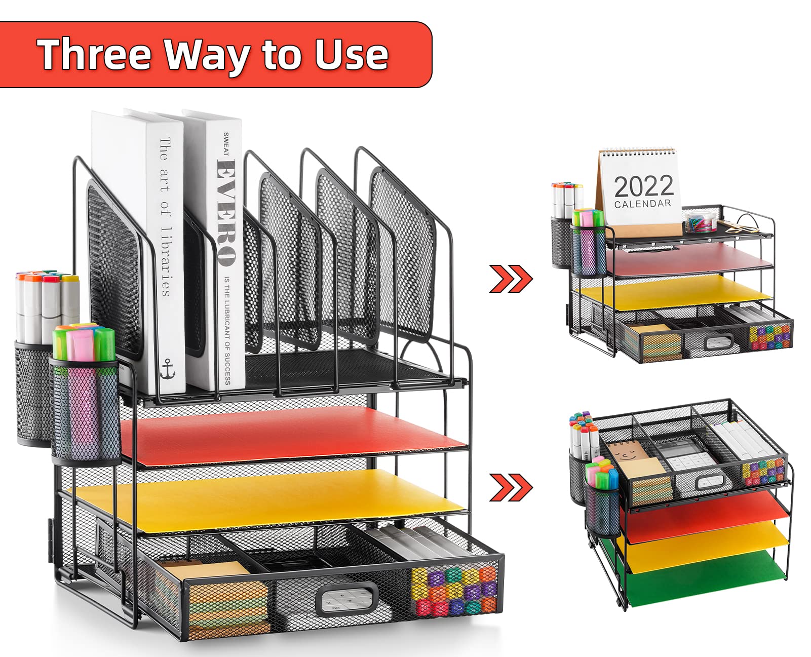 Marbrasse 4-Tier Mesh Desk Organizer with Drawer - 5 Vertical File Holders & 2 Pen Holders - Multifunctional Office Desktop Storage Solution for Home, Office, and Workspace Organization