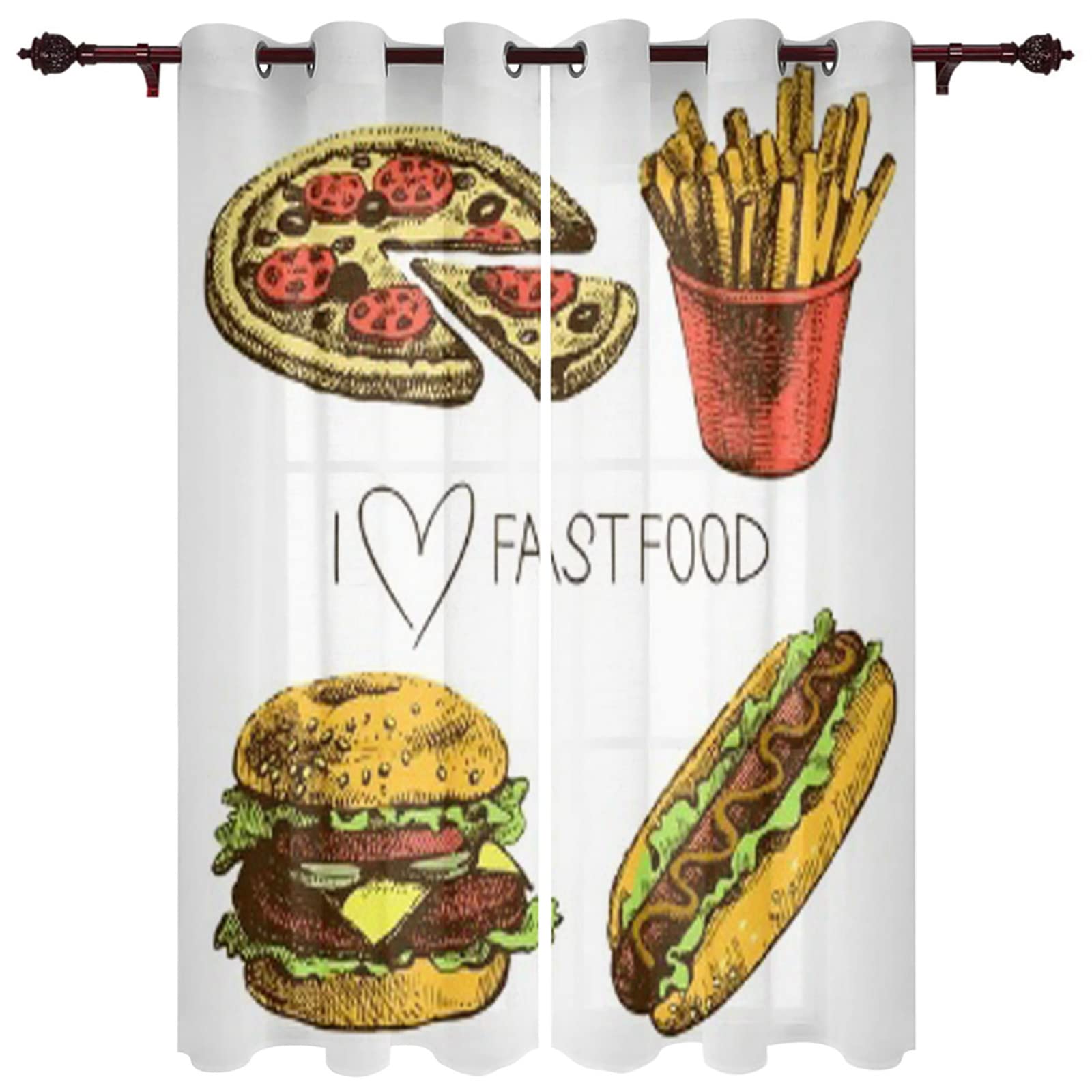 Fast Food Themed Blackout Curtains - Pizza, Burger, Hot Dog & Fries Design | 2-Panel Thermal Insulated Grommet Drapes (52x84 Inches) for Bedroom & Living Room | Perfect for Kids' Rooms, Game Rooms & Fast Food Lovers