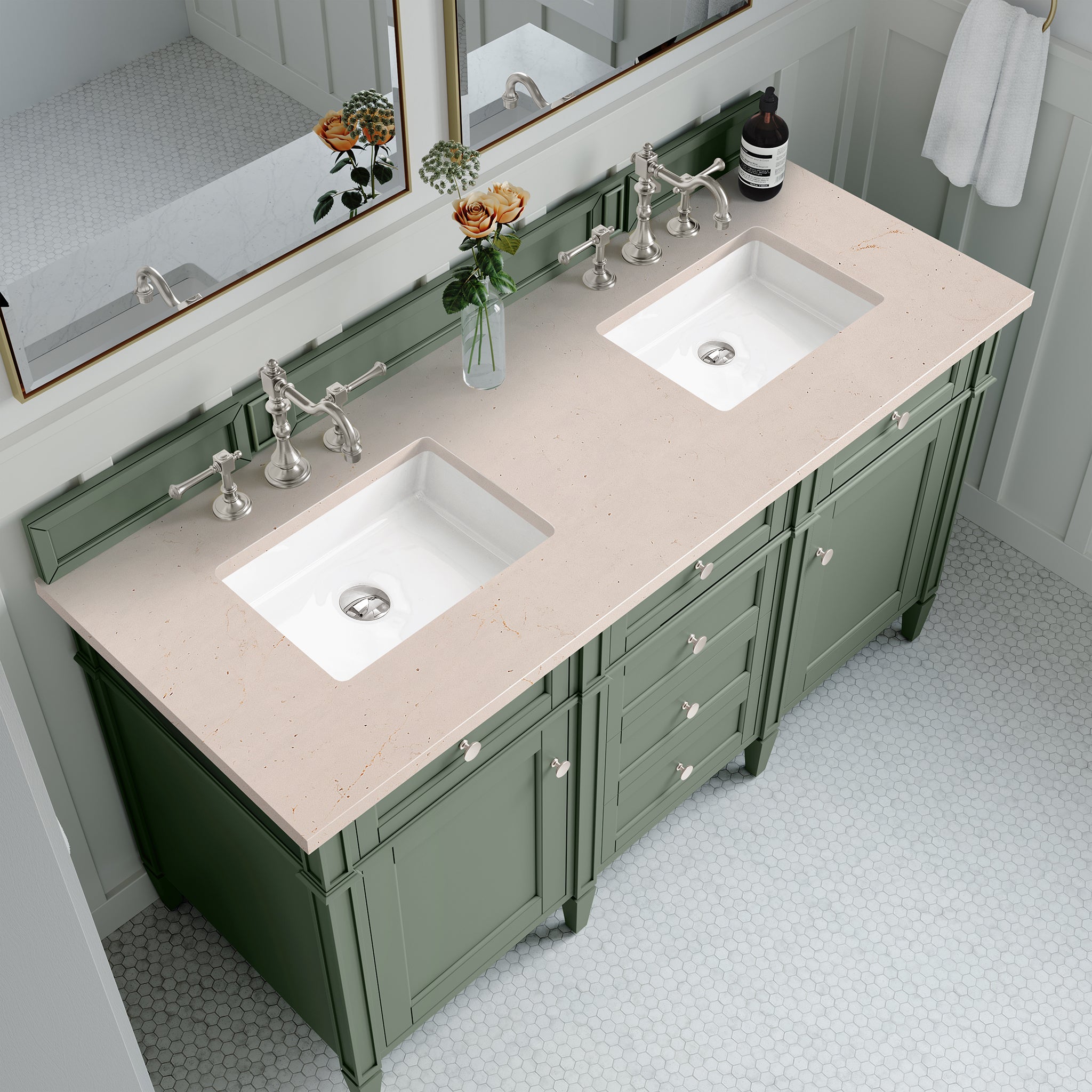 Brittany 60-Inch Double Bathroom Vanity with Smokey Celadon Finish & 3CM Eternal Marfil Stone Top - Perfect for Master Bathroom & Luxury Home Renovation