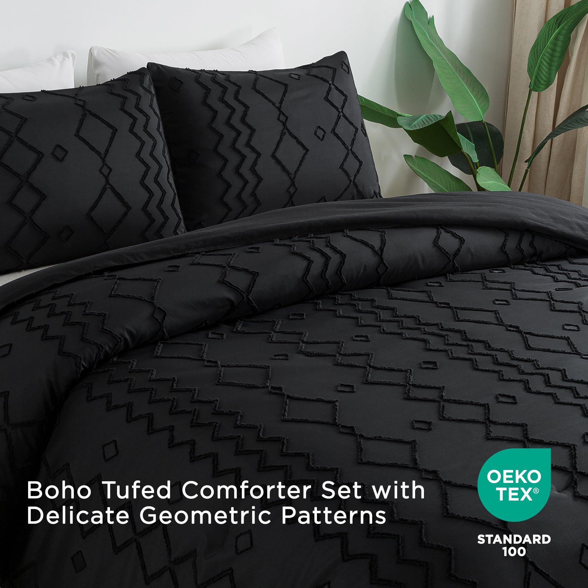 Andency Black Tufted Comforter Set Queen Size (90x90 Inches) - 3 Piece Boho Farmhouse Bedding with Geometric Design, Soft Microfiber Down Alternative Comforter & 2 Pillow Shams - Perfect for Master Bedroom, Guest Room & Cozy Farmhouse Decor