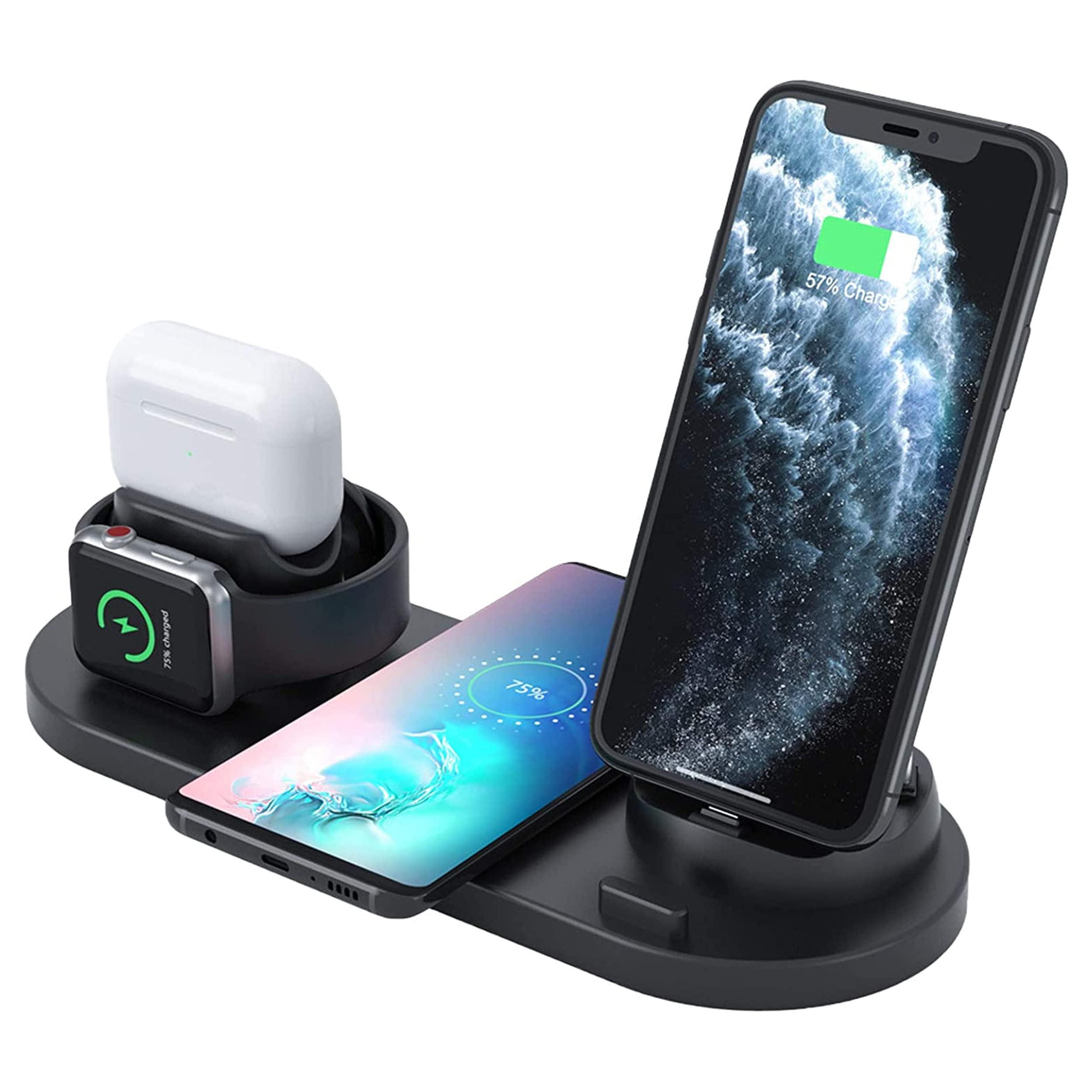 Trexonic 6-in-1 Wireless Charging Station Dock for iPhone, Samsung, AirPods & Smartwatches - Fast Qi-Certified Charger Stand with LED Display (Black, TRX900) | Perfect for Home, Office & Nightstand Charging