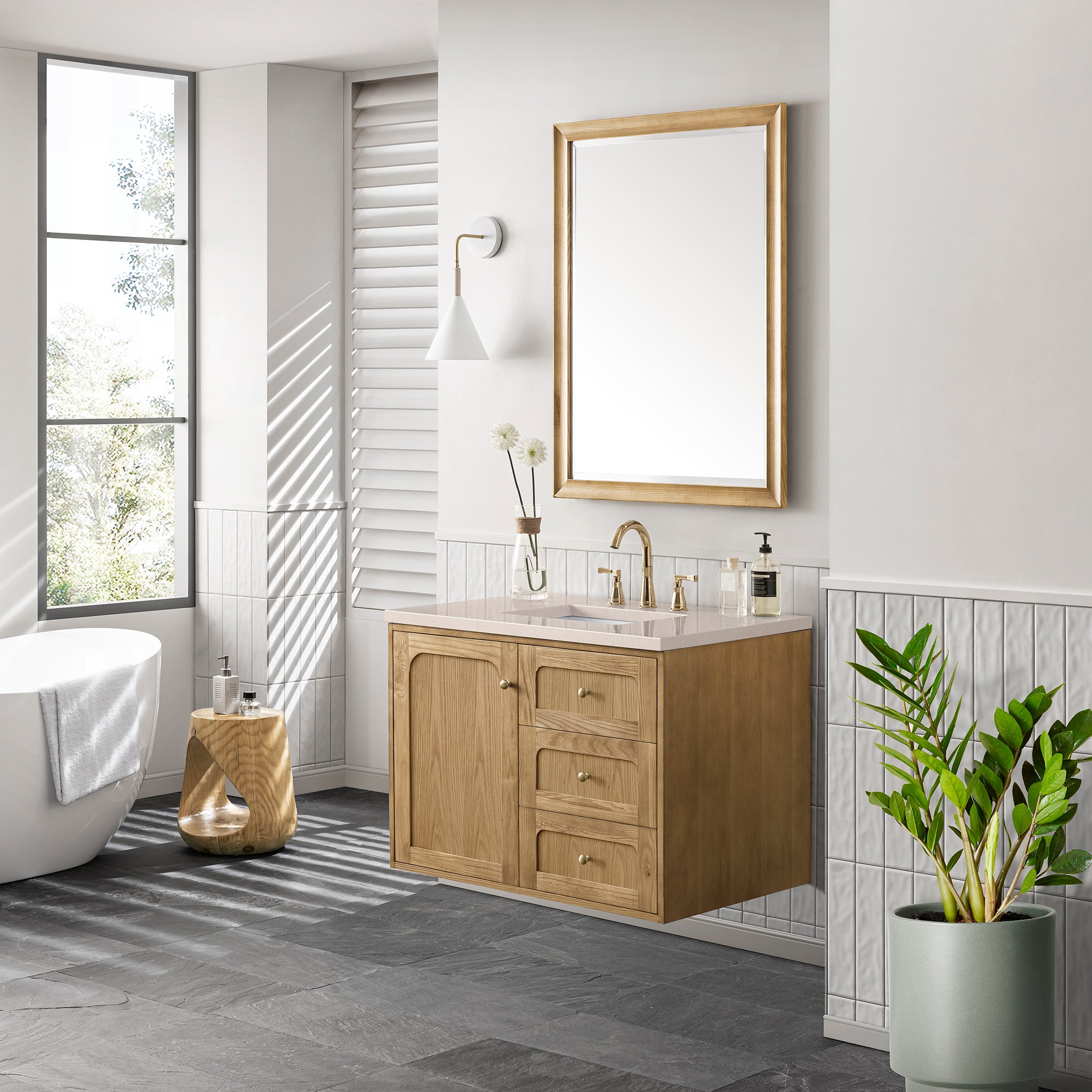 Laurent 36 Inch Single Bathroom Vanity with 3CM Eternal Marfil Top in Light Natural Oak - Perfect for Modern Bathroom Renovations and Small Space Designs