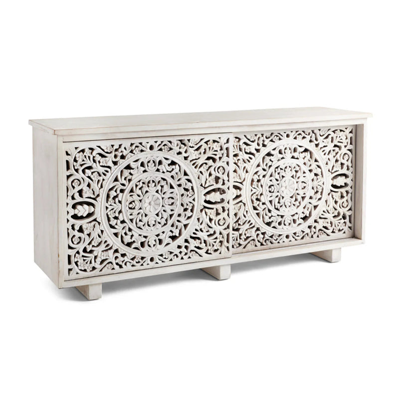 Hand Carved Solid Wooden White Media Console TV Stand - Rustic Farmhouse Entertainment Center for Living Room, Bedroom & Home Theater