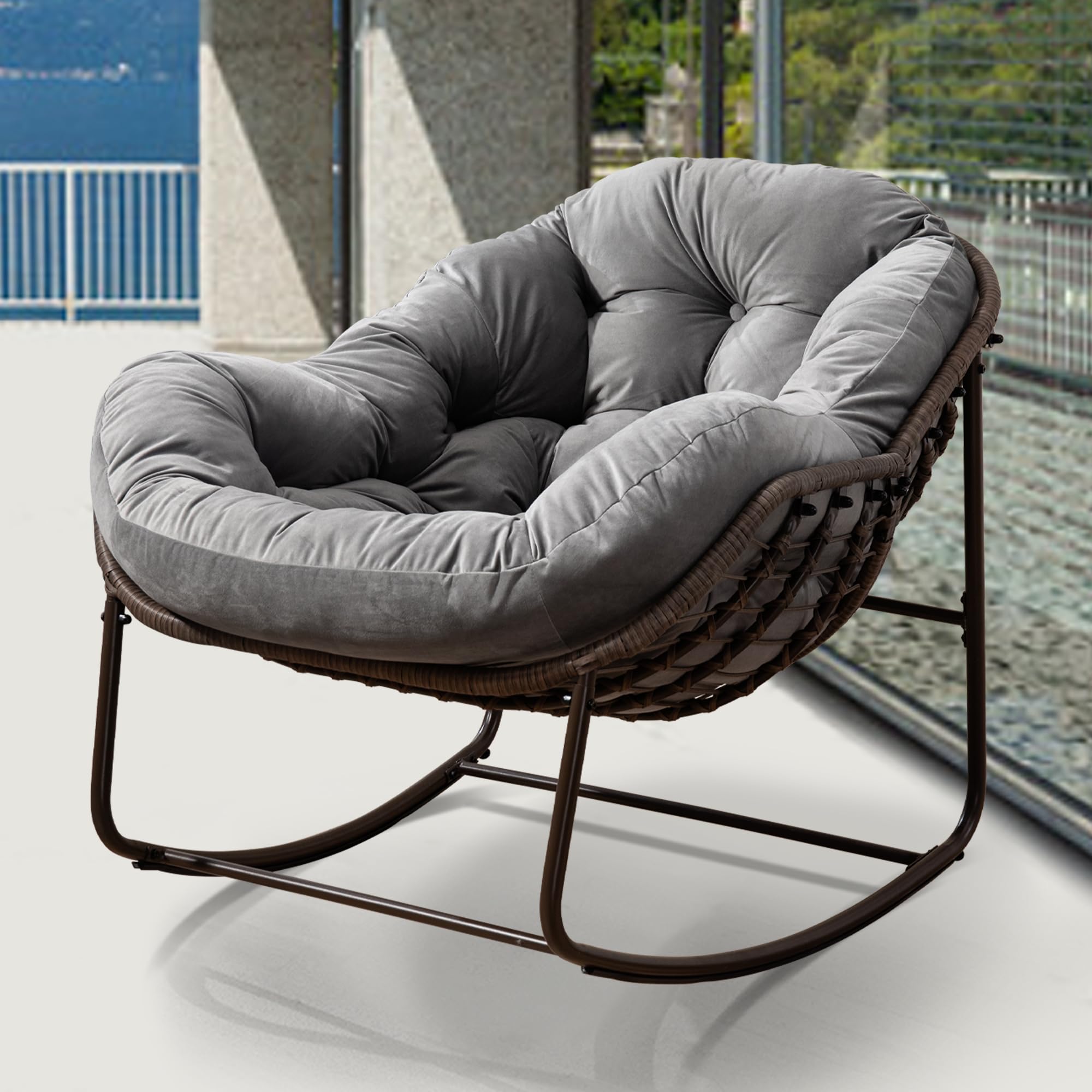 **Oversized Outdoor Papasan Rocking Chair - Comfy Patio Egg Chair with Cushion, Royal Rattan Design for Porch, Lawn, Bedroom & Living Room - Grey Velvet (Perfect for Relaxing, Reading & Sunbathing)**