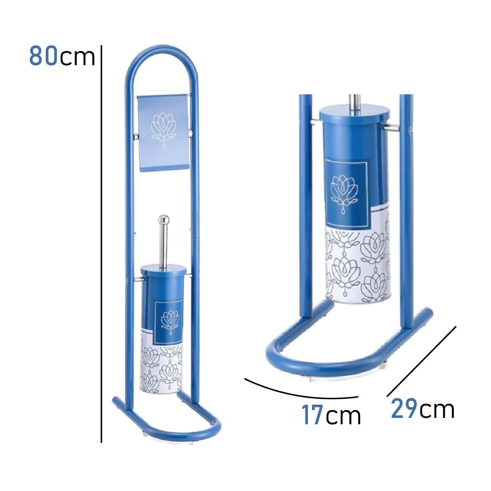 Modern Bathroom Floor Stand Set - Toilet Roll Holder & Brush Holder - 80cm Painted Metal Column - Light Blue - Perfect for Small Bathrooms & Powder Rooms