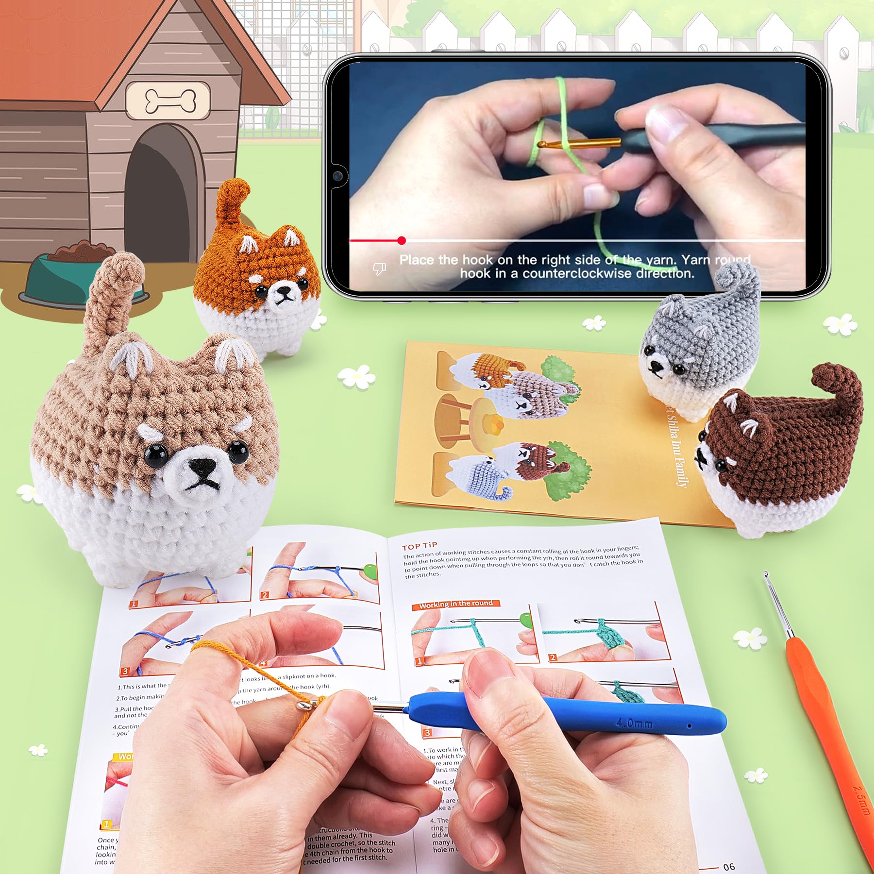 4PCS Fat Shiba Inu & Corgi Dog Crochet Kit for Beginners - Complete DIY Knitting Set with Yarn, Crochet Hook & Step-by-Step Video Tutorials - Perfect for Adults Crafting, Stress Relief & Homemade Gifts