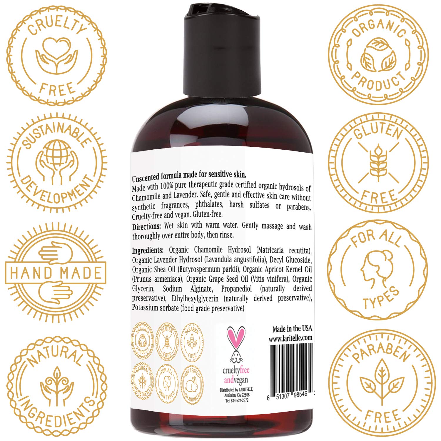 Organic Unscented Body Wash for Sensitive Skin - 8.5 oz | Hypoallergenic, Vegan & Crucial Oil-Free | Gentle Daily Cleanser for Babies, Adults & Dry Skin Care