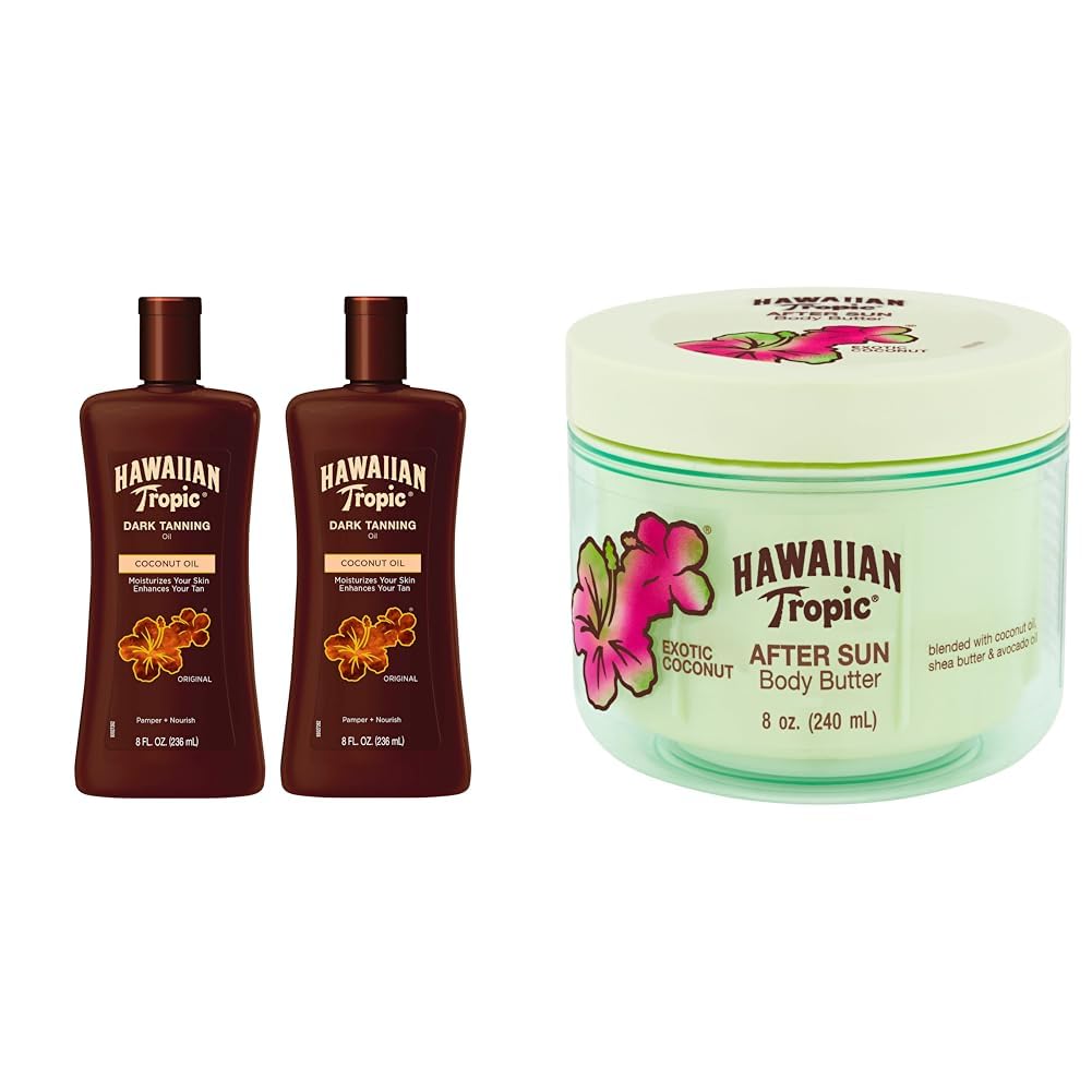 Hawaiian Tropic Dark Tanning Oil & After Sun Body Butter with Coconut Oil Twin Pack - 8oz Each | Sun Care for Beach, Pool & Vacation | Hydrating Moisturizer for Smooth Skin