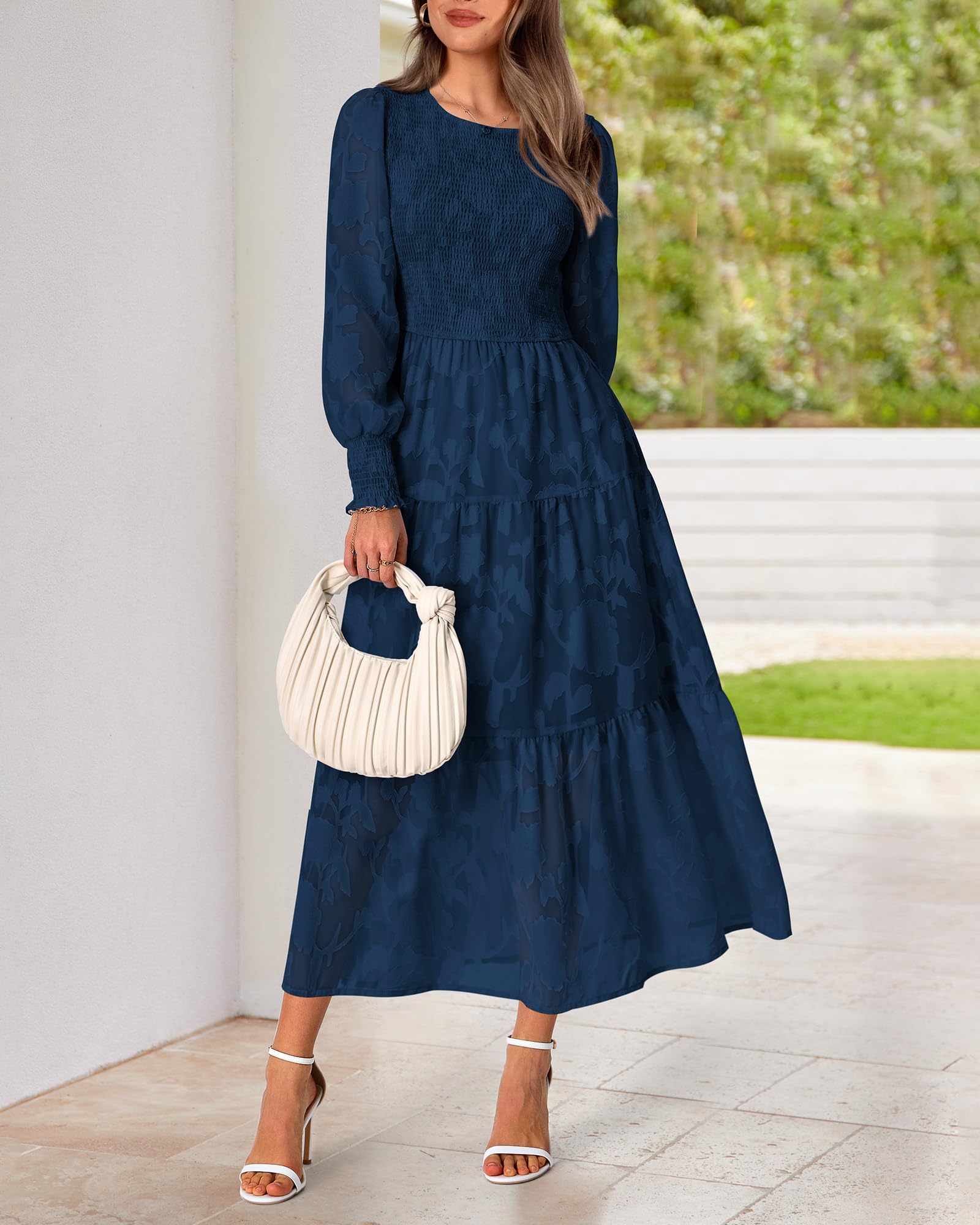 BTFBM Elegant Floral Midi Dress for Women - Long Sleeve Bohemian Wedding Guest Dress, Spring 2025 Casual Flowy Dress for Bridal Shower, Garden Party & Special Occasions