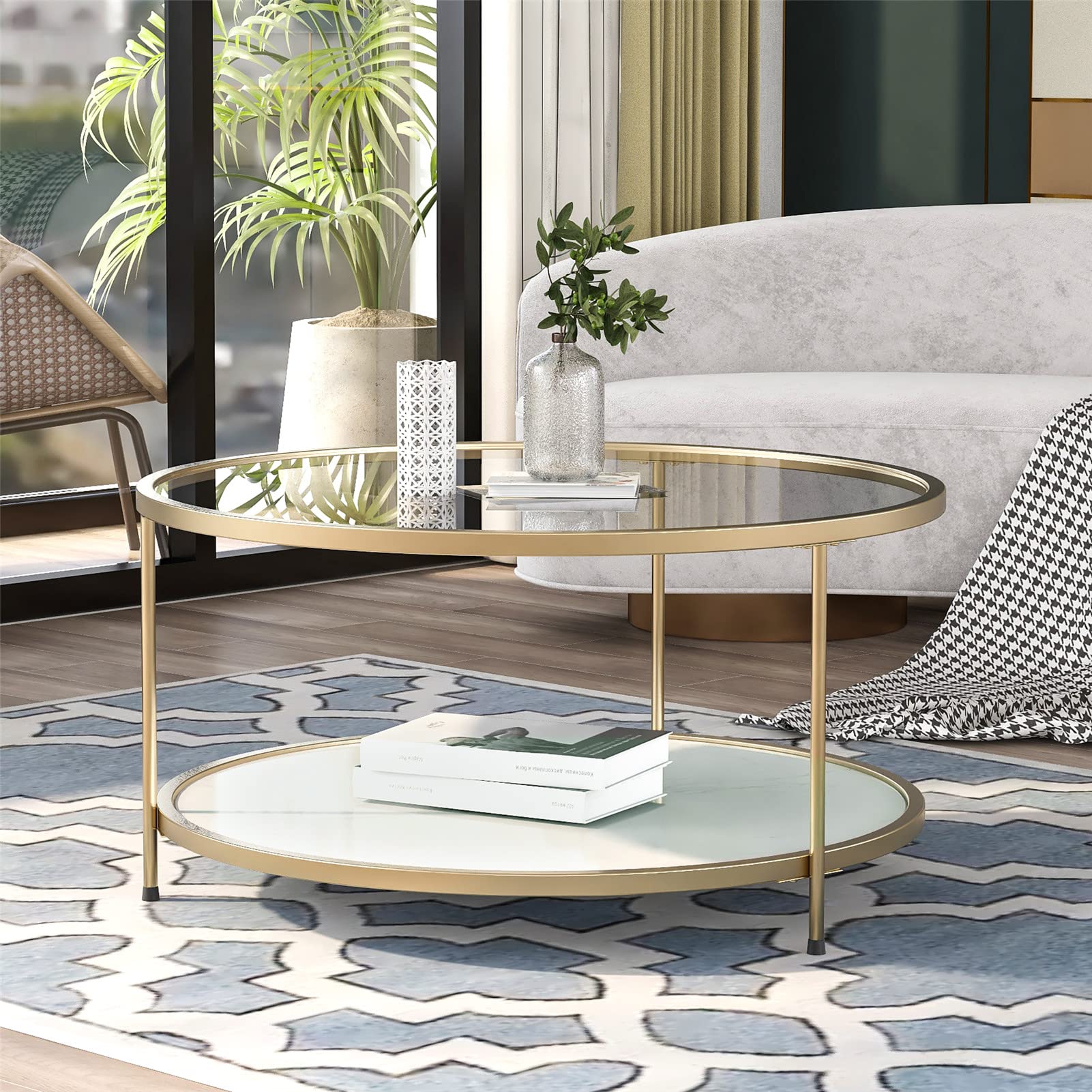 2-Tier Modern Coffee Table with Stained White Tempered Glass - 33.5