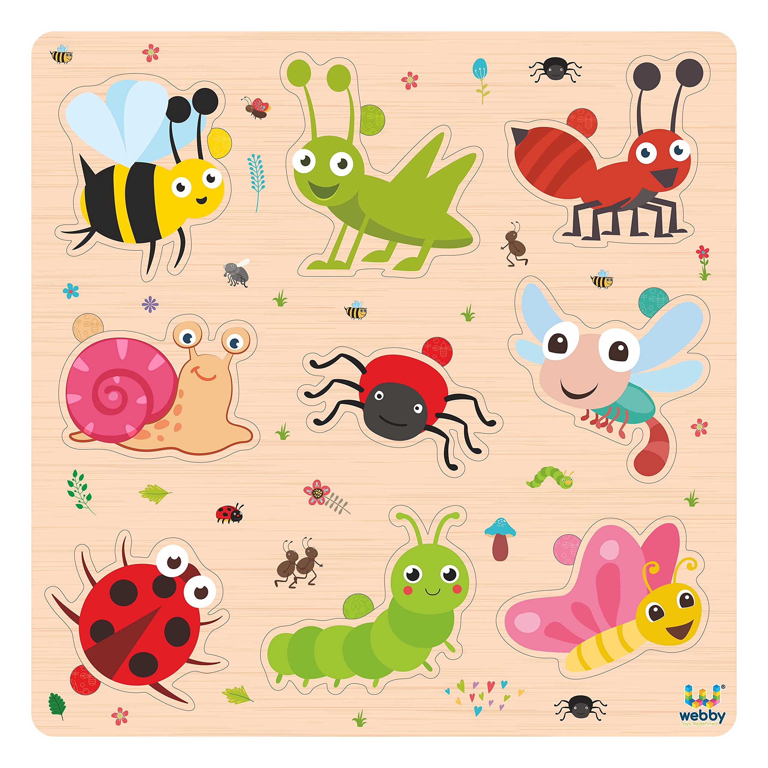 Webby Wooden Insects Montessori Educational Puzzle Board Toy for Kids - Preschool Learning & Fine Motor Skills Development - Perfect for Homeschooling & Classroom Activities