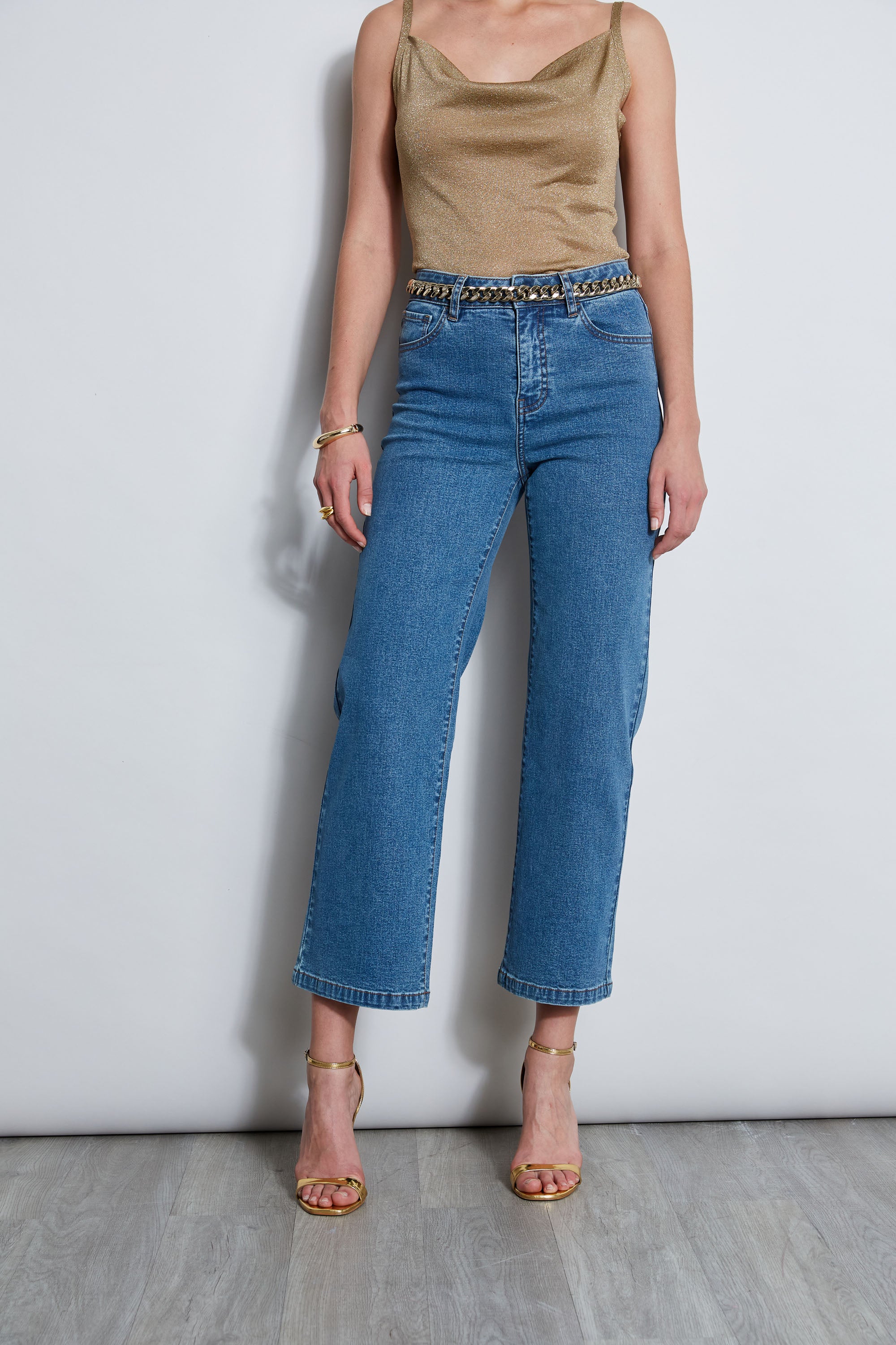 Women's High Waist Wide Leg Jeans E7012204 - Medium Wash Denim Pants for Casual & Office Wear