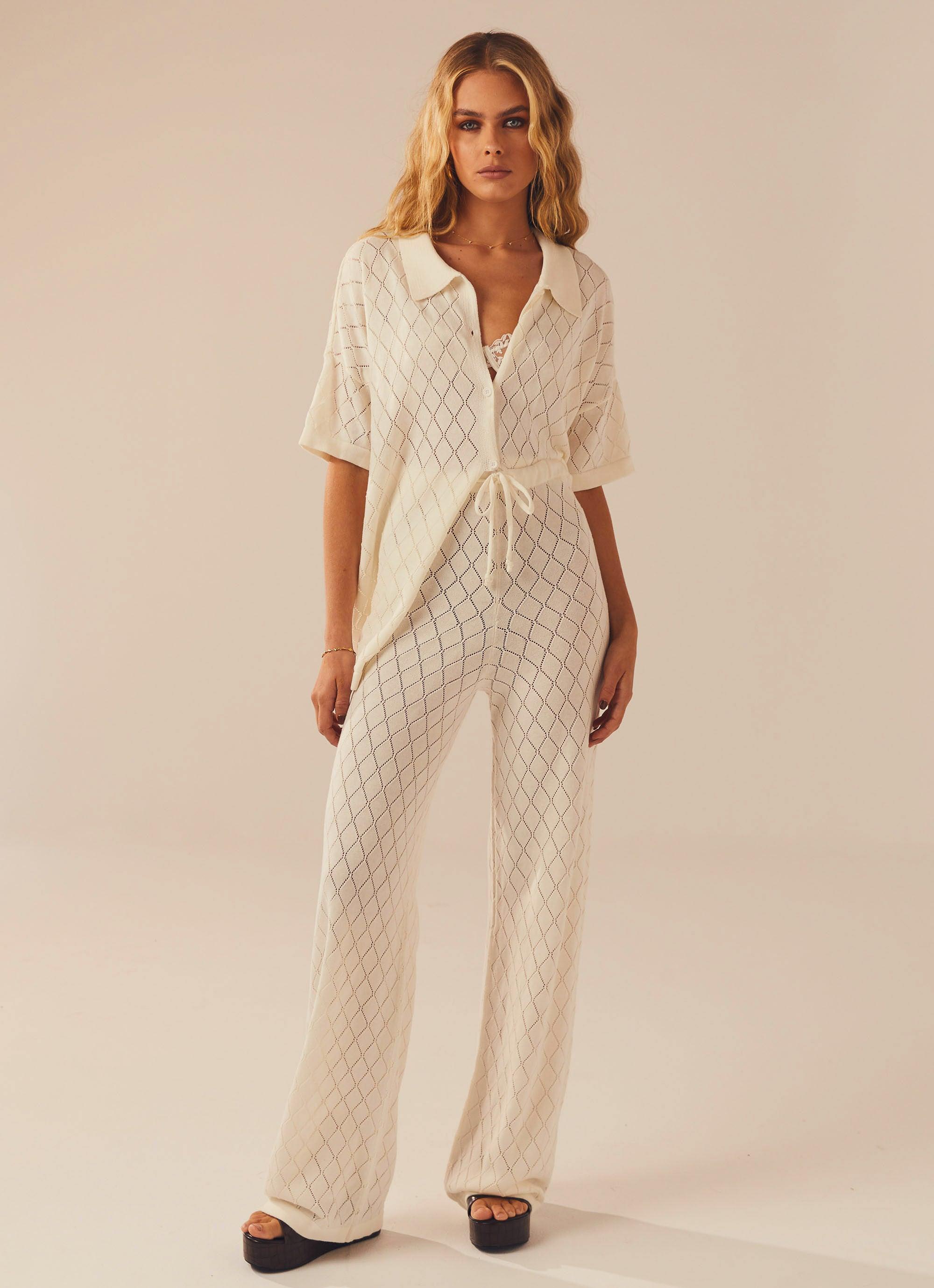 Stylish Jaded Knit Pants in White Sand - Comfortable & Trendy Women's Casual Trousers for Everyday Wear, Office, and Weekend Outings