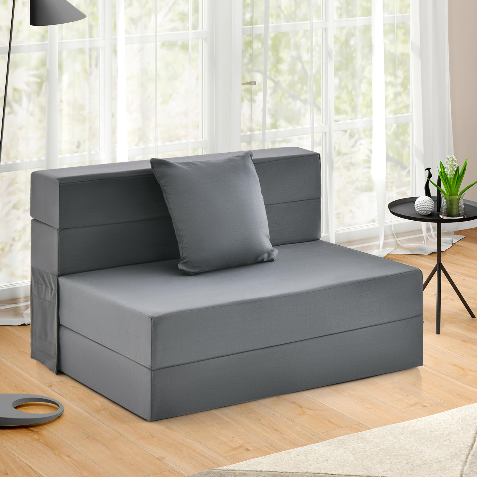Giantex 6 Inch Tri-Fold Folding Sofa Bed with High-Density Foam Mattress & Removable Washable Cover - Portable Floor Couch with Pillow & Headrest for Guest Room, Small Space, Dorm, Apartment - Dark Grey