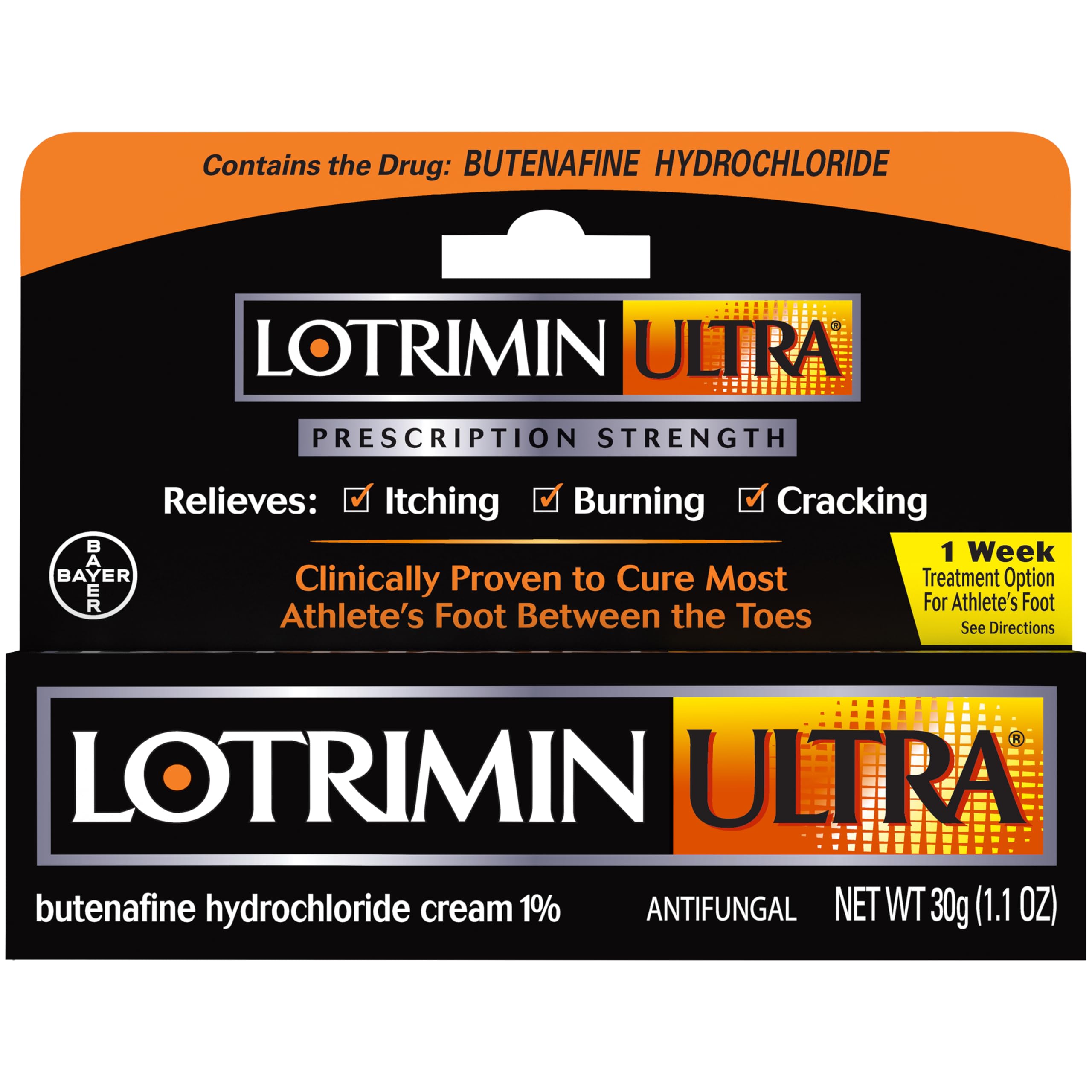 Lotrimin Ultra 1 Week Athlete's Foot Treatment Cream - Prescription Strength Butenafine Hydrochloride 1% - Fast Relief for Itching, Burning & Cracking Between Toes - 1.1 Oz - Ideal for Gym, Pool & Locker Room Use