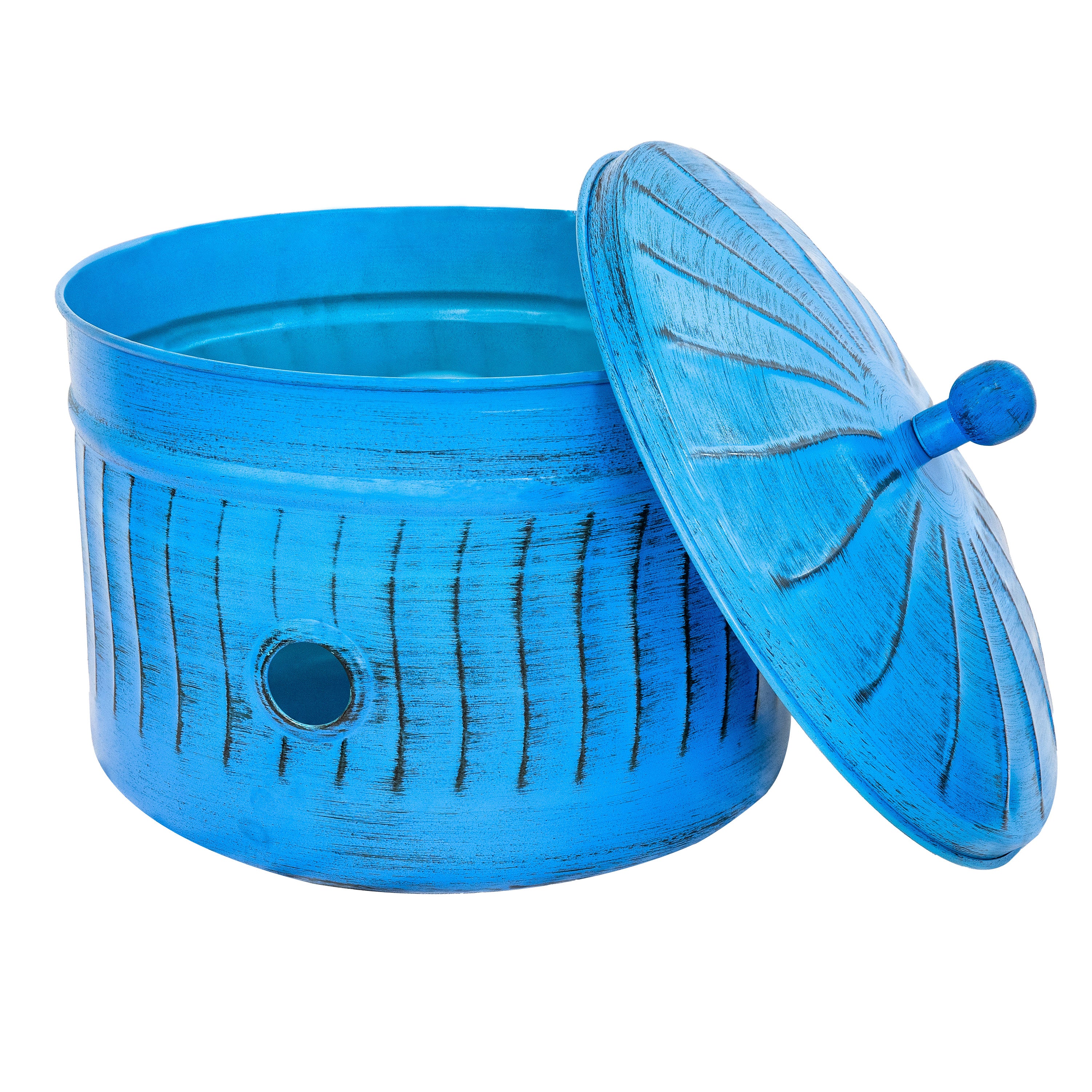 Vintage Blue Patina Embossed Metal Garden Hose Holder with Lid - Outdoor Storage for Garden, Yard, and Patio Decor