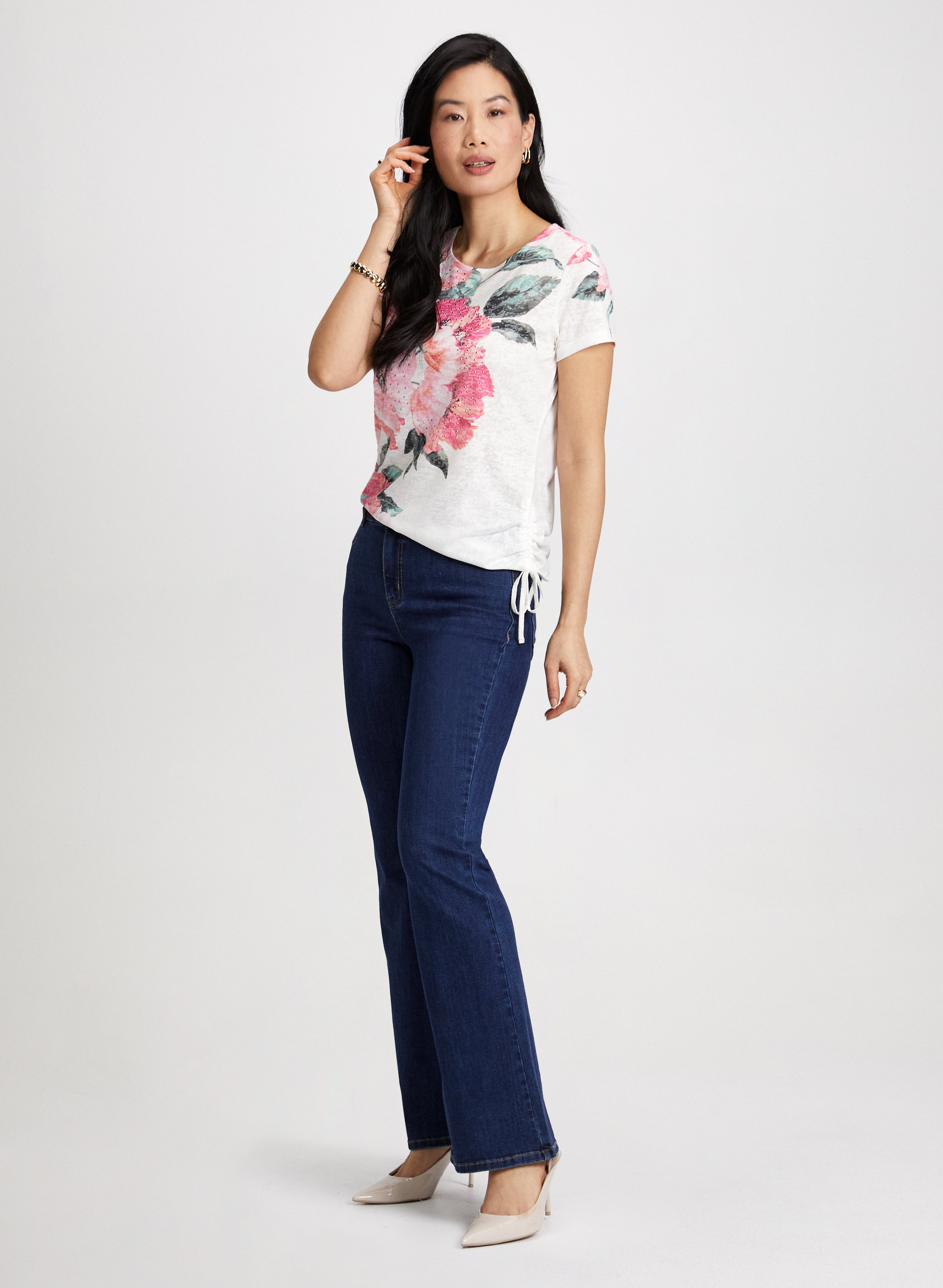 Floral Print Drawstring T-Shirt for Women - Casual Summer Blouse with Adjustable Waist - Perfect for Beach, Vacation & Outdoor Activities