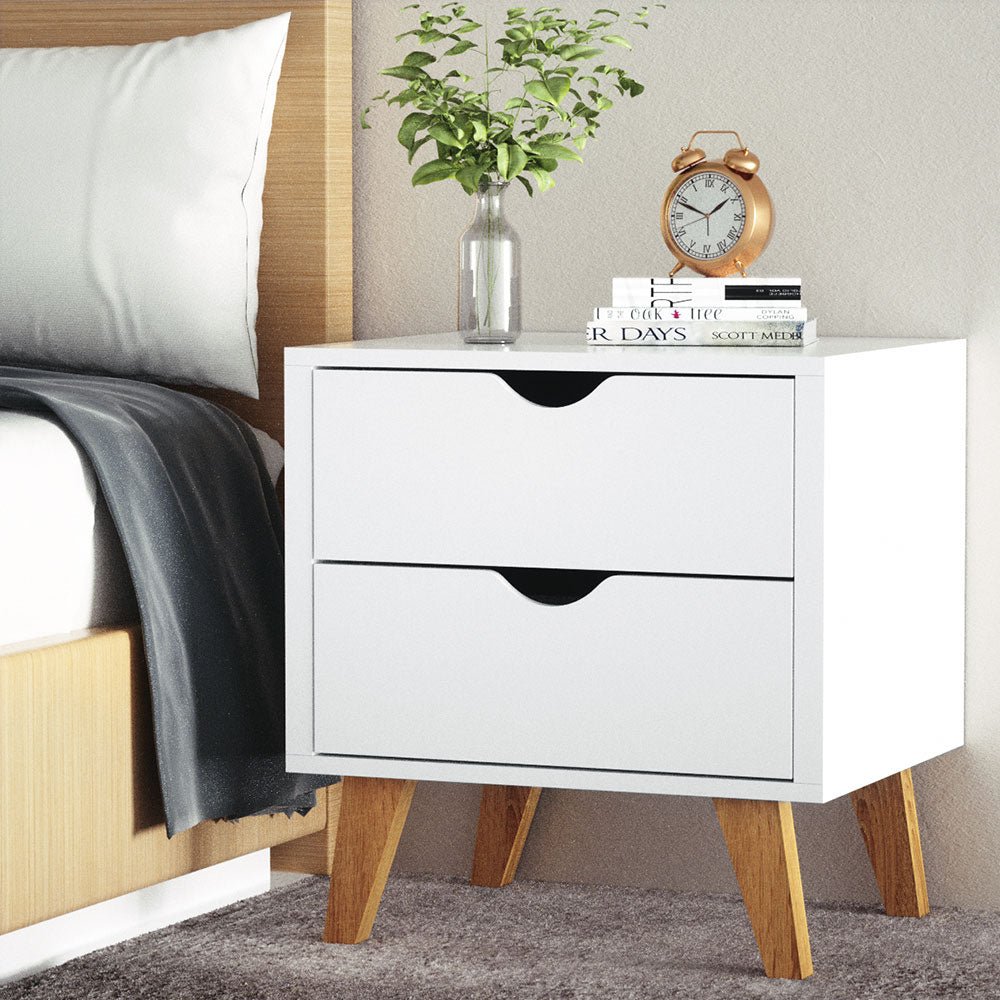 2 Drawer White Wooden Nightstand - Compact Bedside Table for Small Spaces, Bedroom, Living Room, or Office Storage