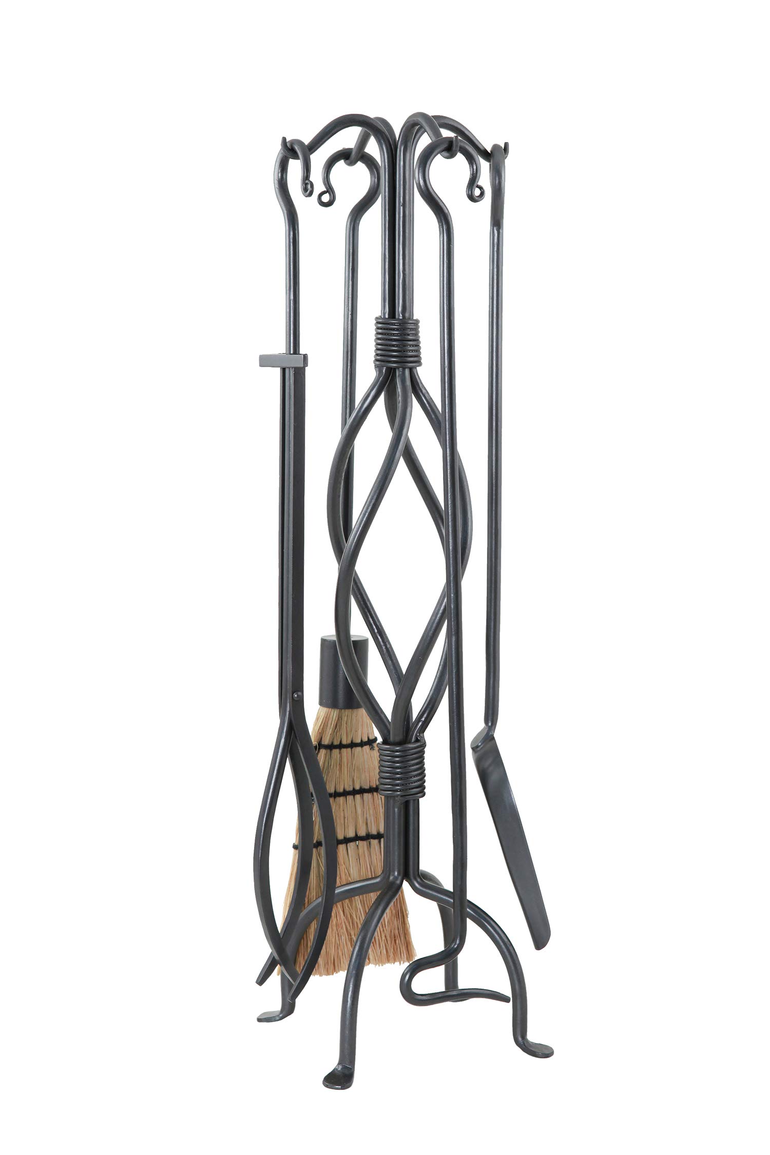 Helix 5-Piece Wrought Iron Fireplace Tool Set - Durable Fireplace Accessories with Stand, Poker, Brush, Shovel & Tongs - Perfect for Fireplace Maintenance & Home Decor (Black Finish) - Ideal for Indoor Fireplaces, Outdoor Fire Pits & Cozy Winter Nights