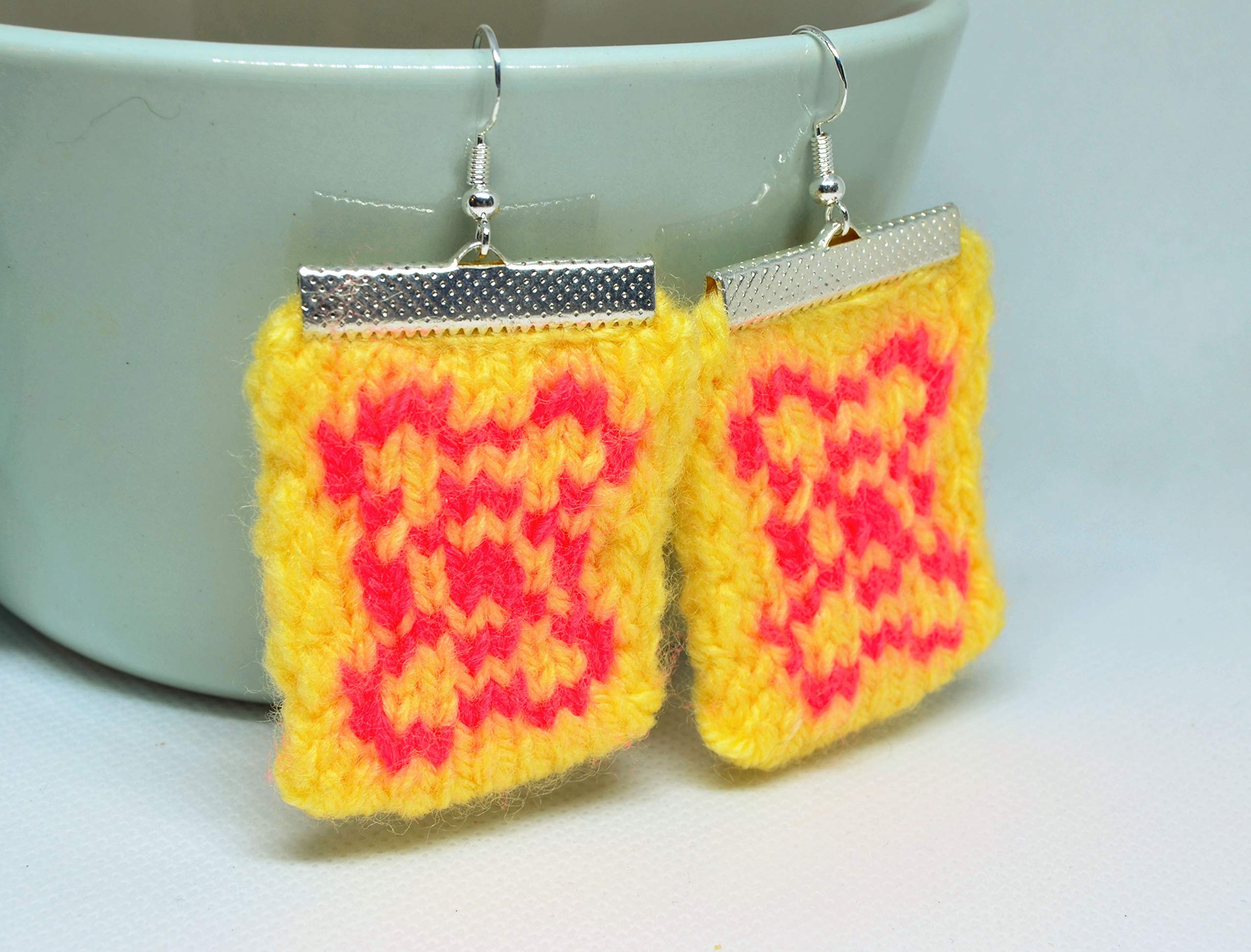 Handmade Yellow Knitted Earrings & Red Rectangle Crochet Jewelry - Unique Modern Gift for Women, Birthday, Anniversary - Perfect for Boho Fashion, Casual Wear & Special Occasions