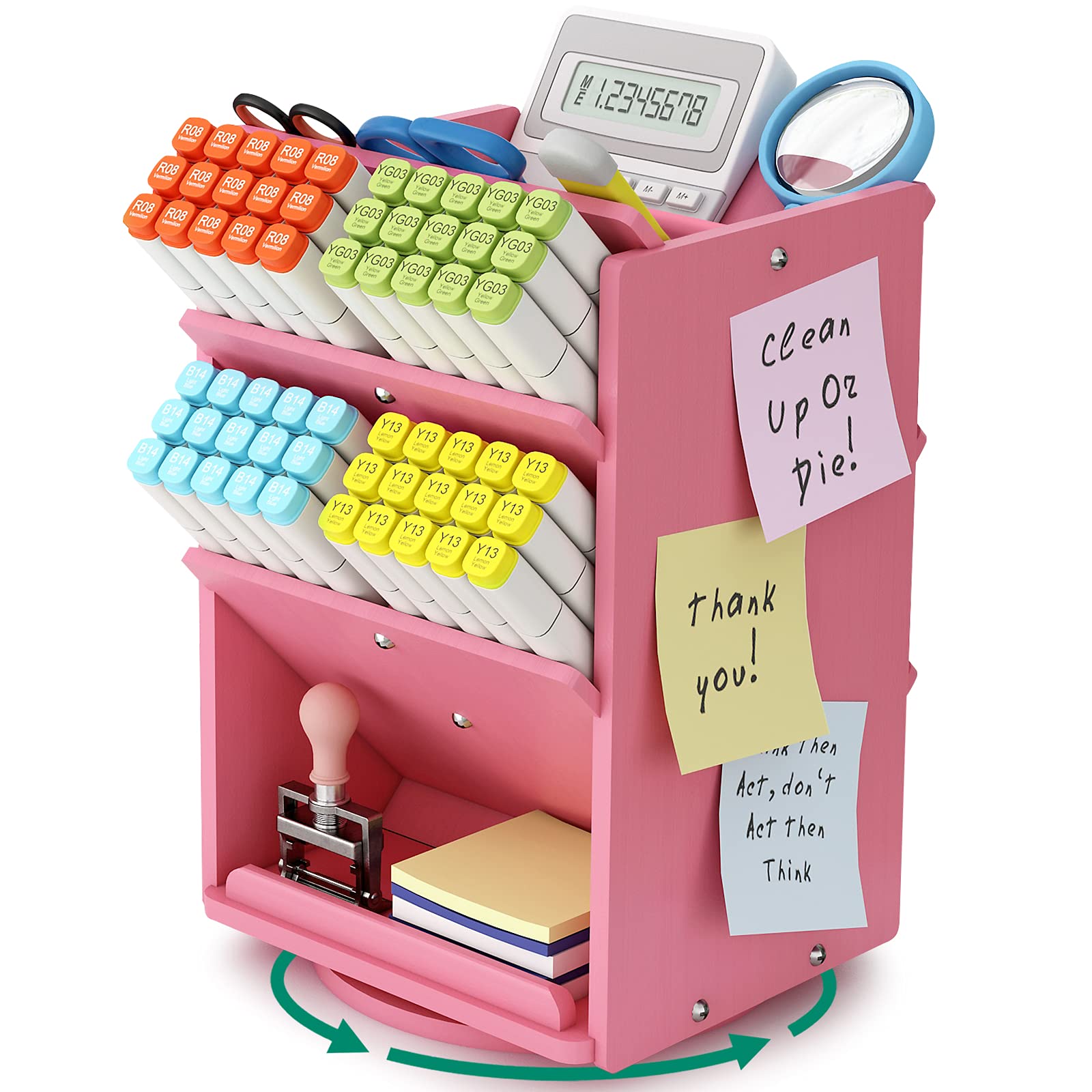 Darfoo Pink Rotating Bamboo Desk Organizer - 13 Compartments Art & Makeup Supply Storage, 1000+ Pencil Capacity, DIY Assembly, Kawaii Home Office Accessory for Artists, Students & Professionals - Perfect for Craft Rooms, Vanity Tables & Workstations